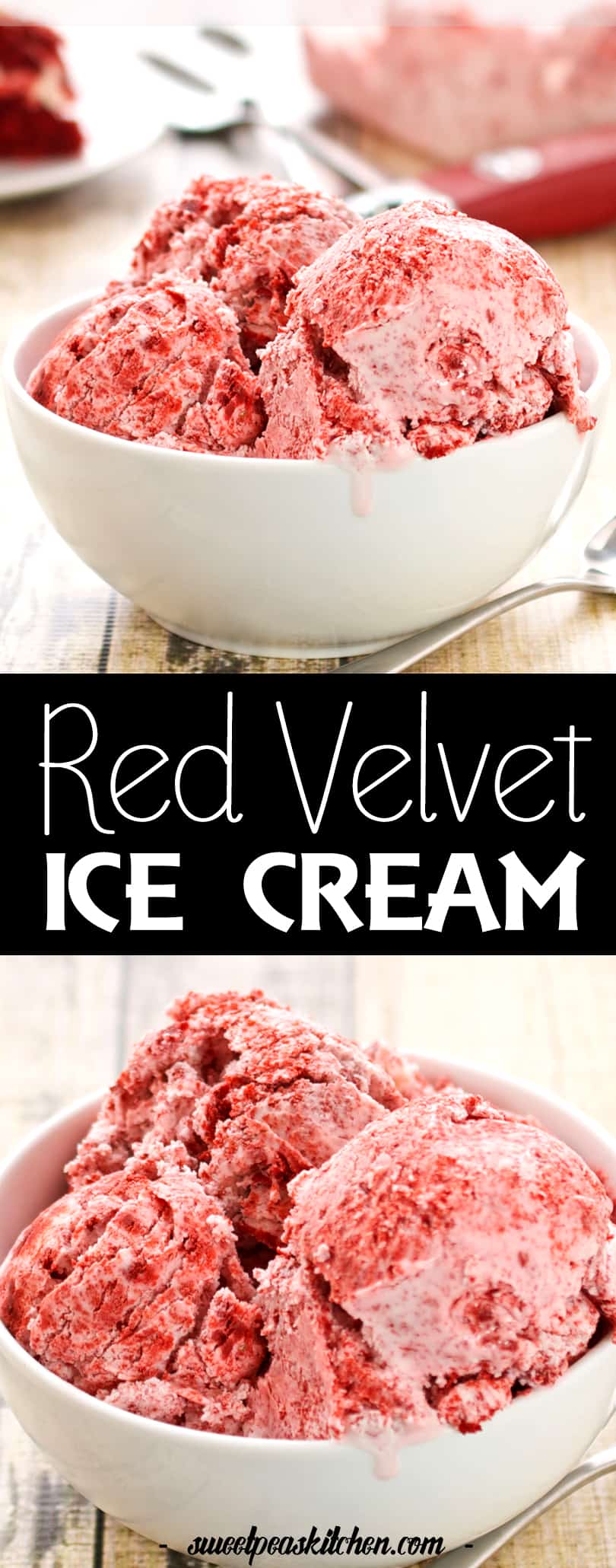 red velvet ice cream in white bowls for pinterest