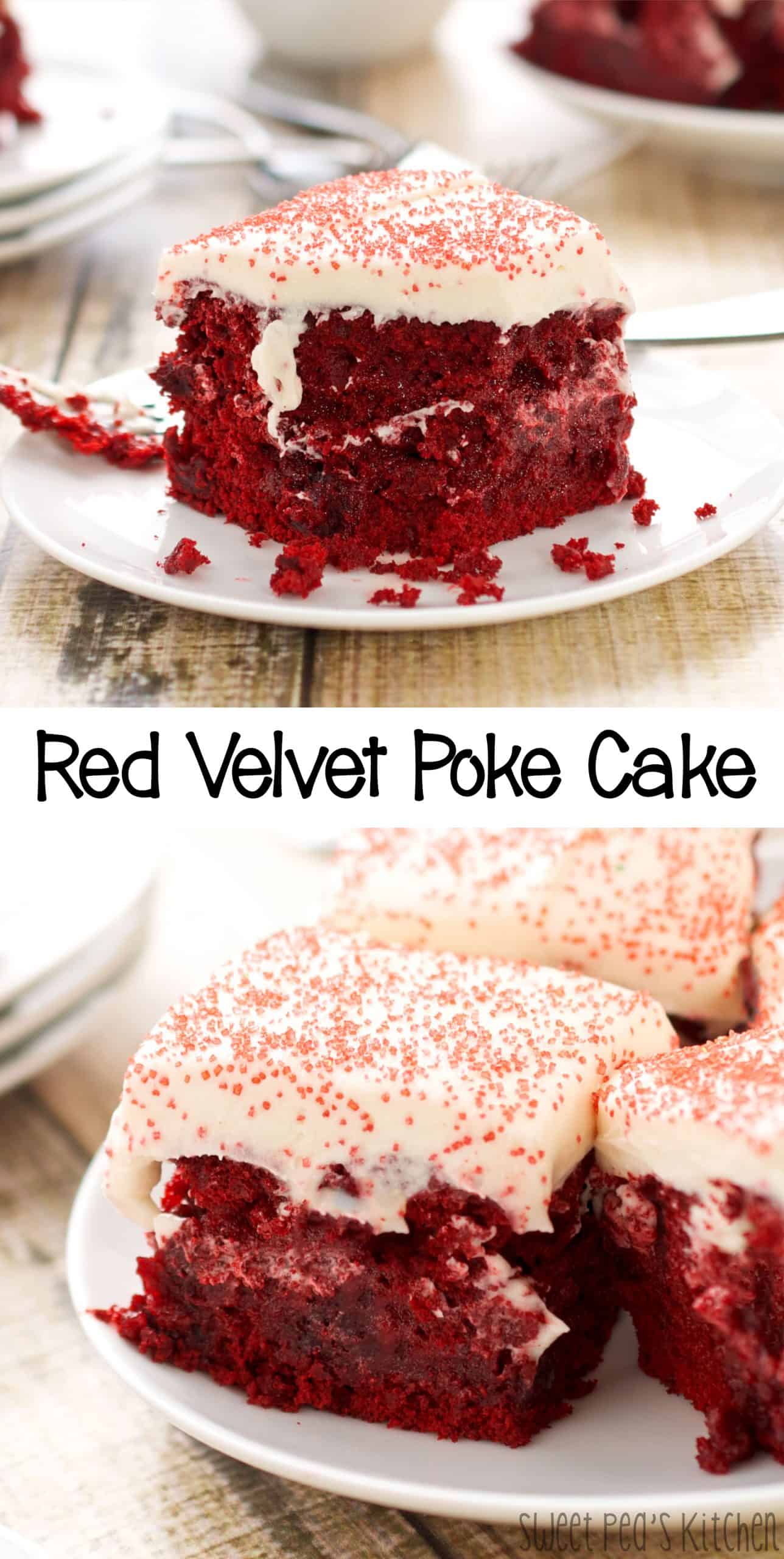 ready to serve red velvet poke cake
