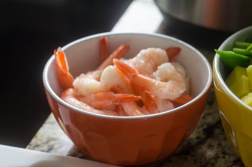 shrimp in a bowl on counter