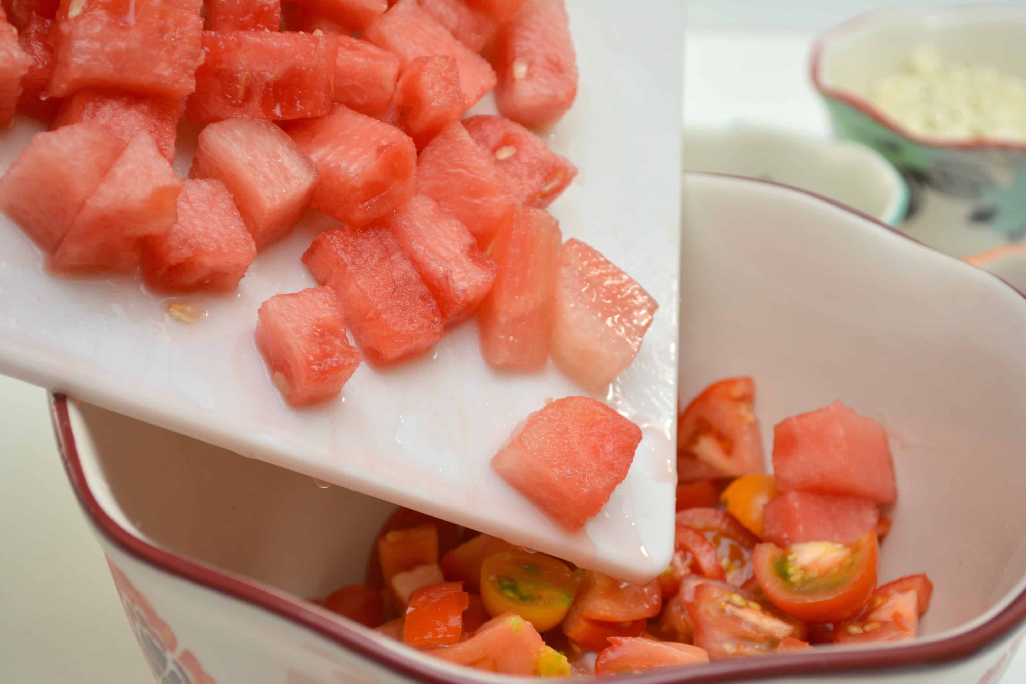 diced watermelon on cutting board