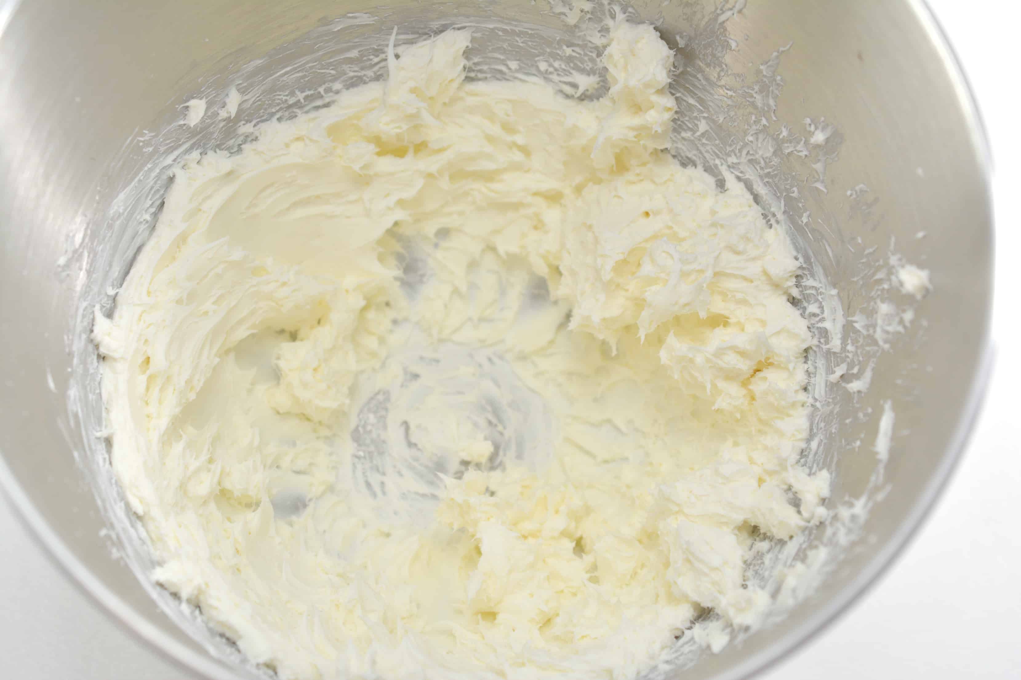 beaten cream cheese in a mixing bowl