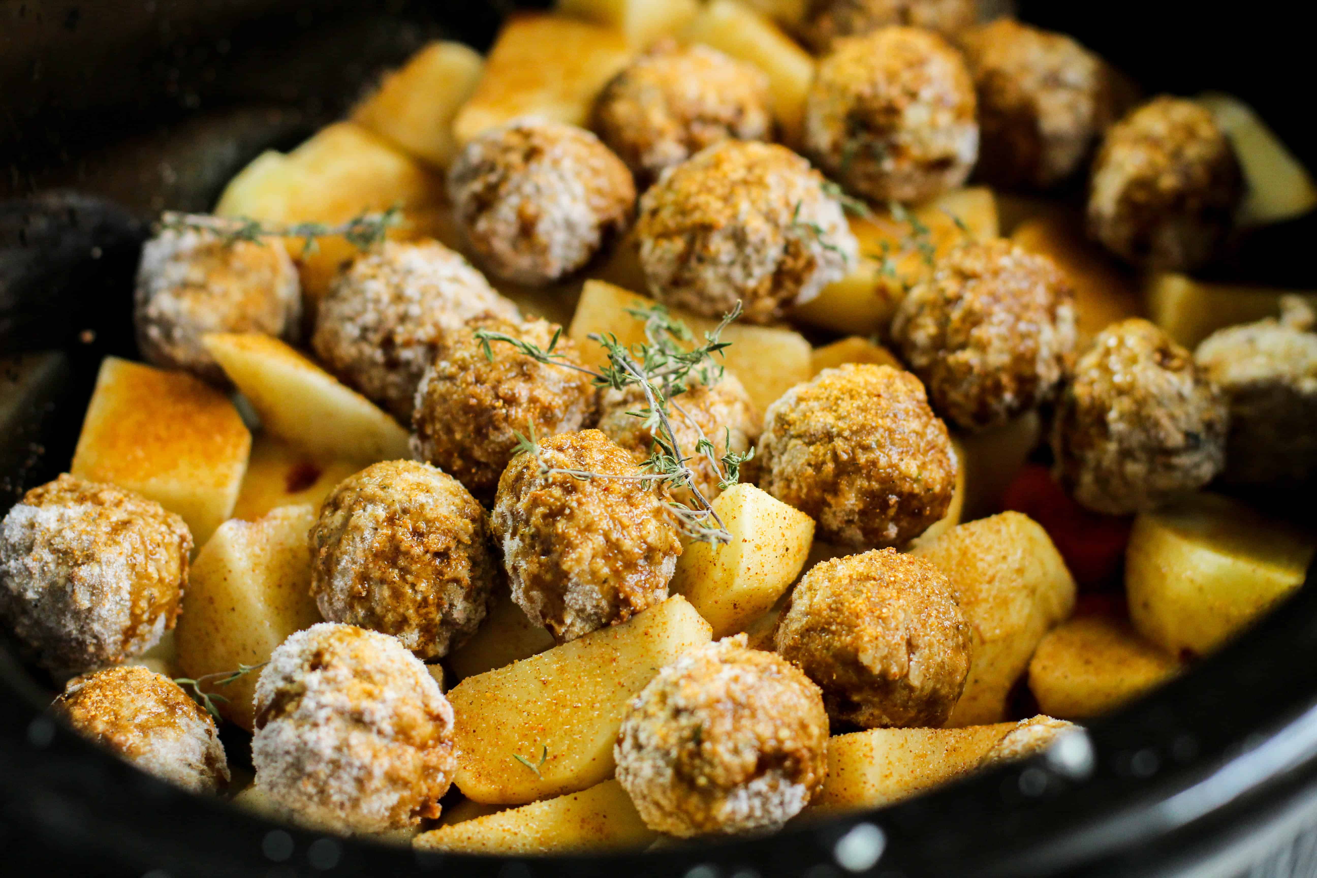 seasoned frozen meatballs on top of diced potatoes