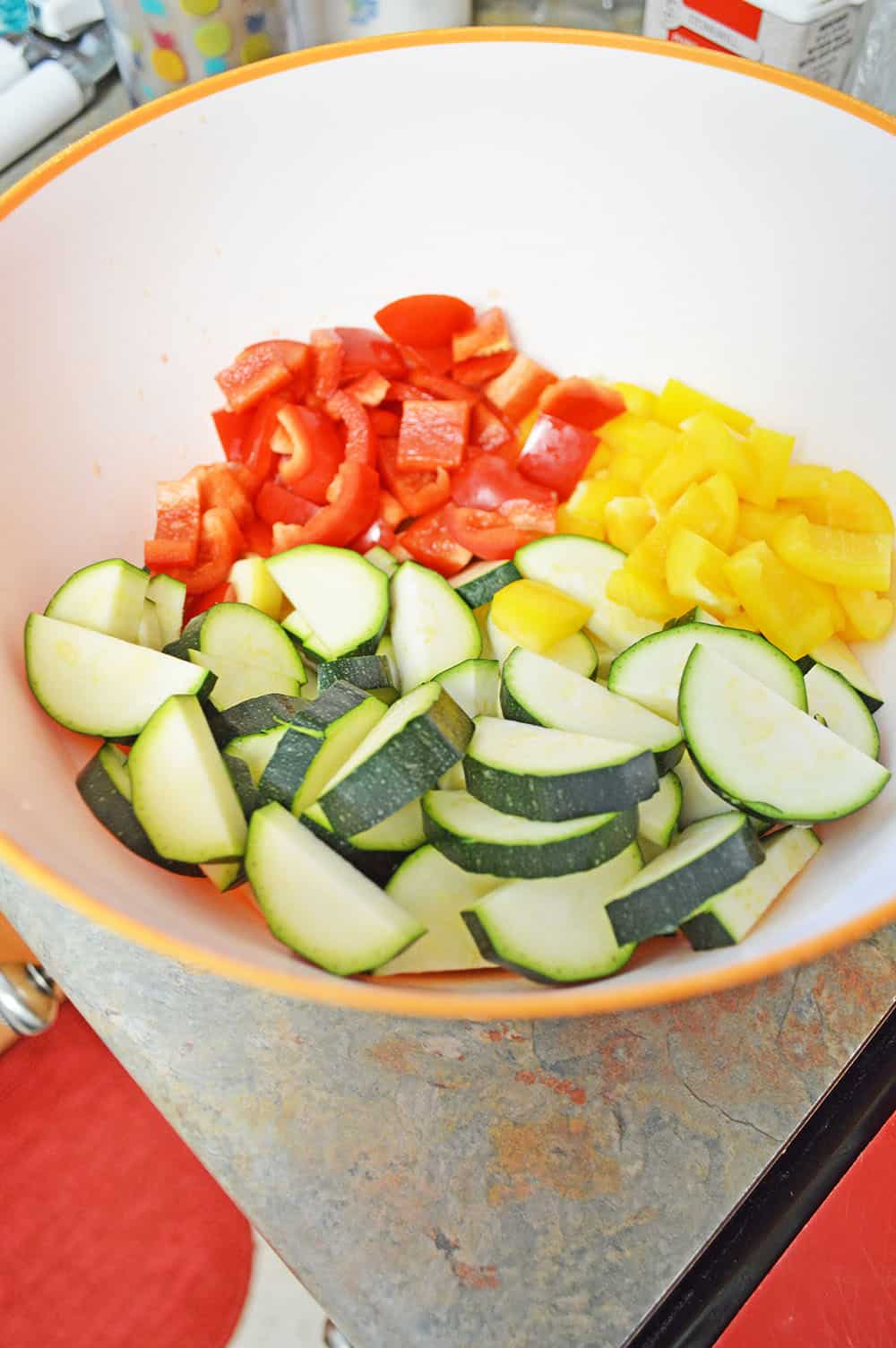 cut up vegetables in a bowl