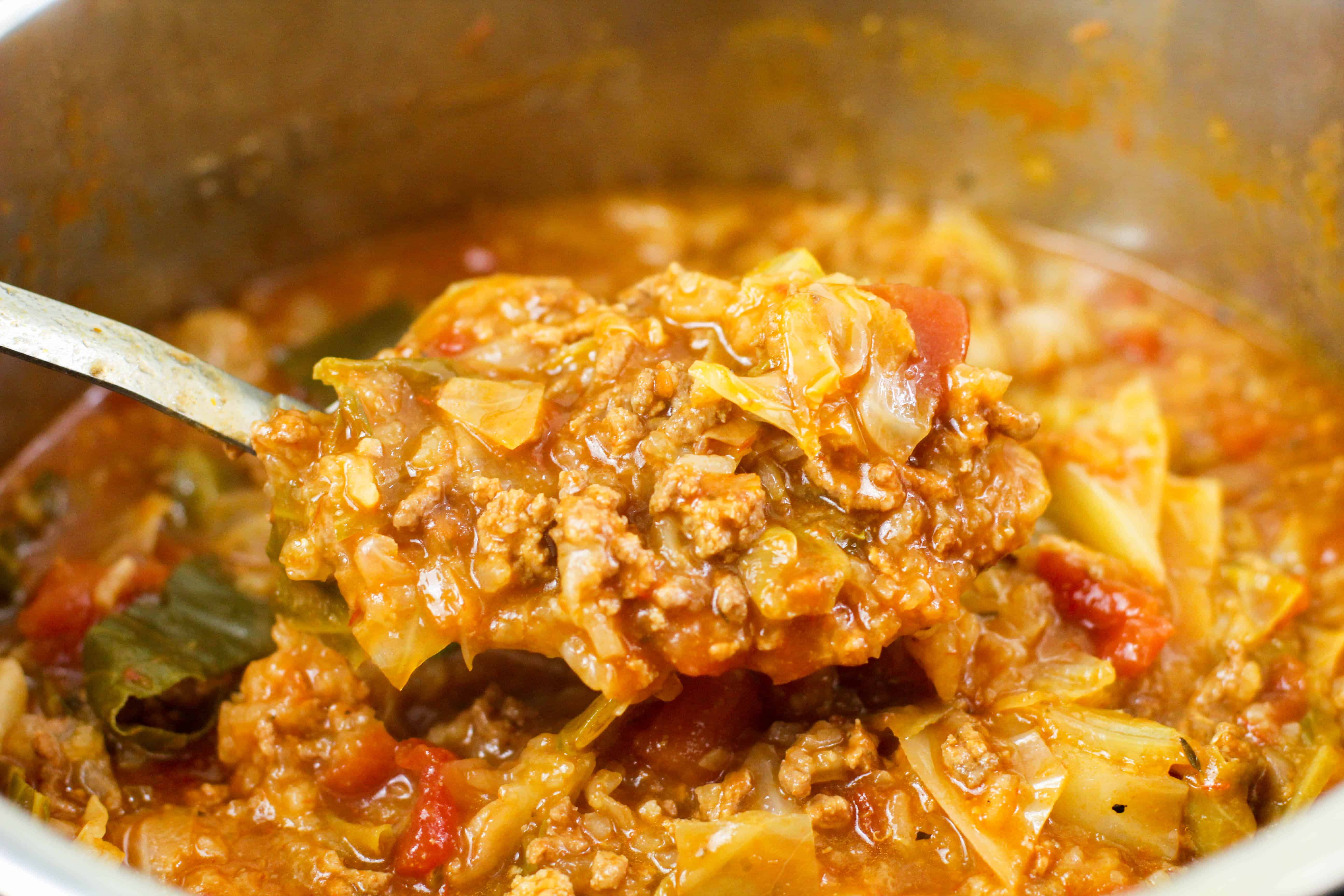 stuffed cabbbage soup on a spoon