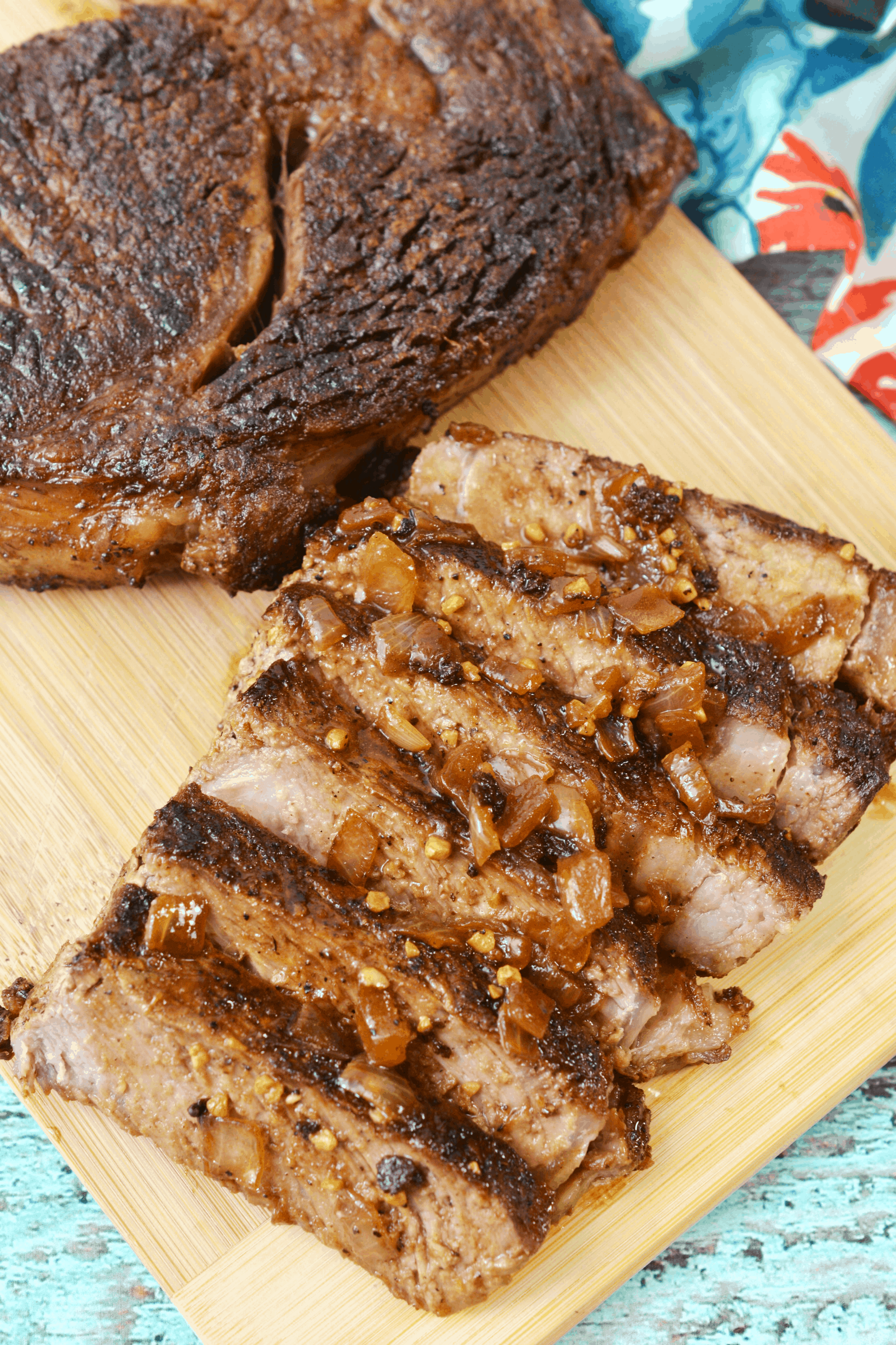 seared ribeye on cutting board