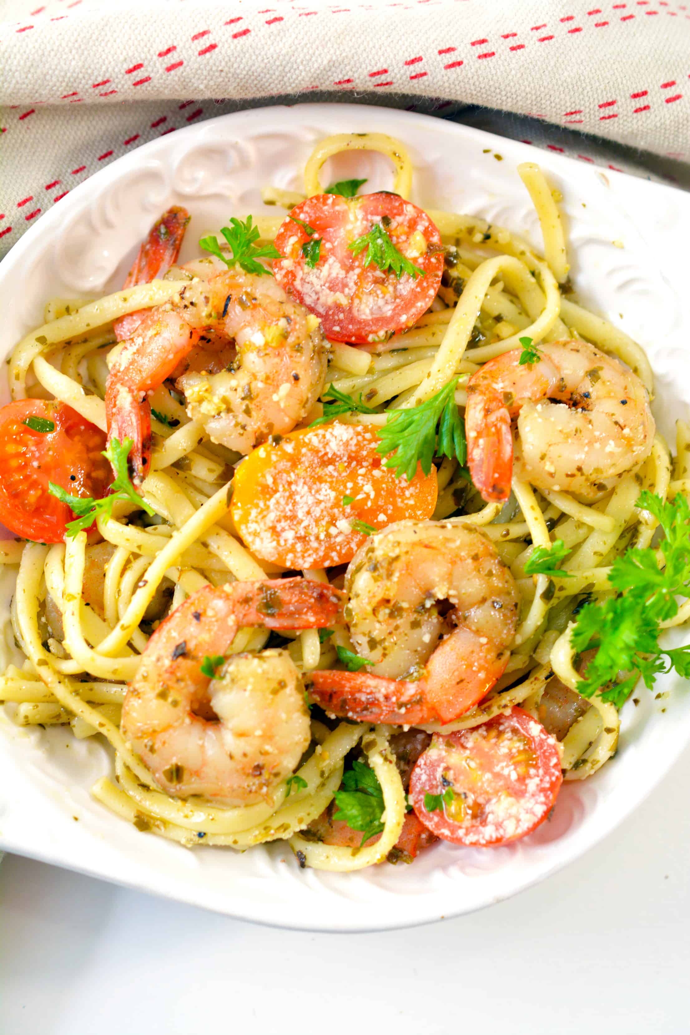 Shrimp Pesto Pasta on a plate 