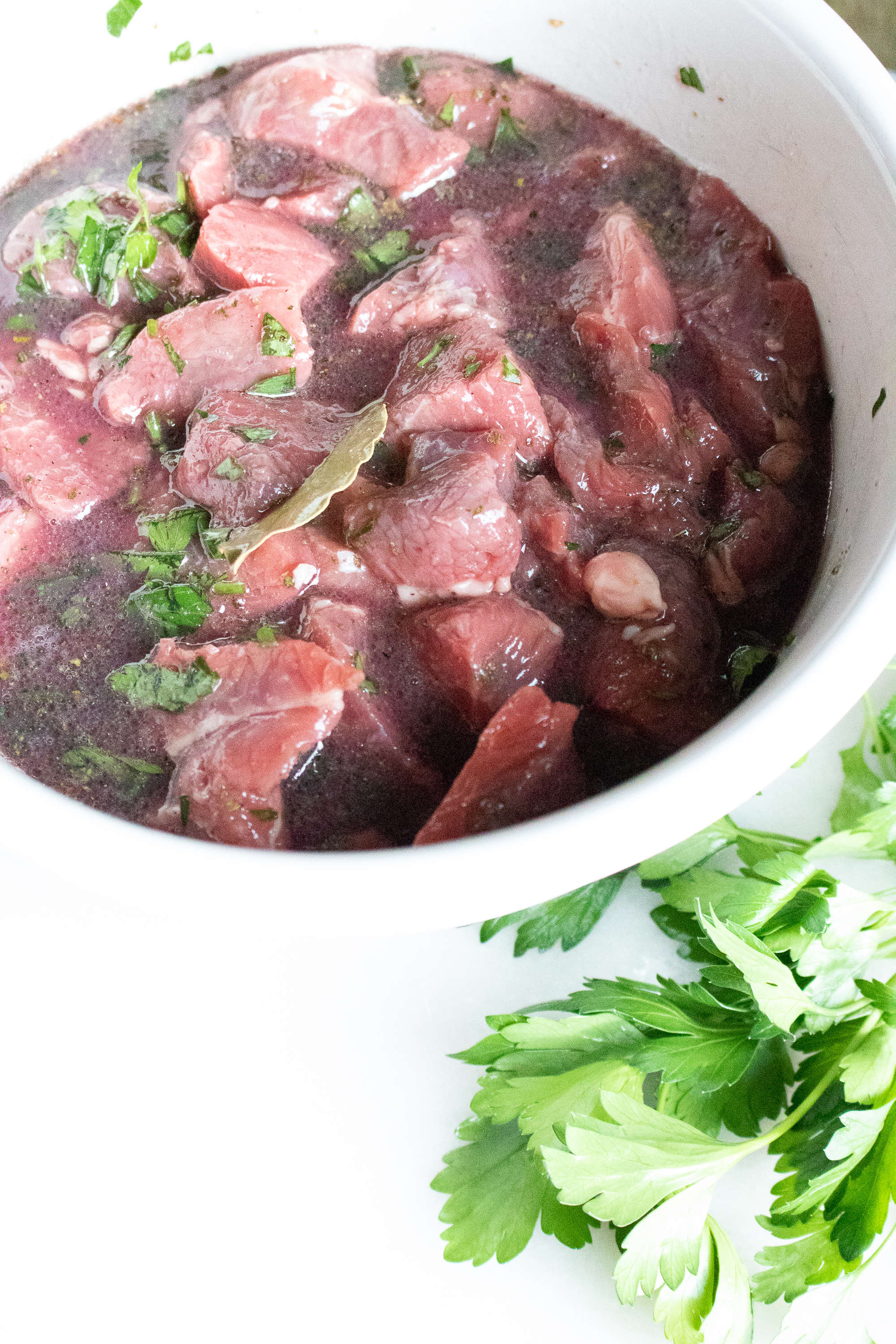 beef stew meat in marinade for Beef Bourguignon Recipe