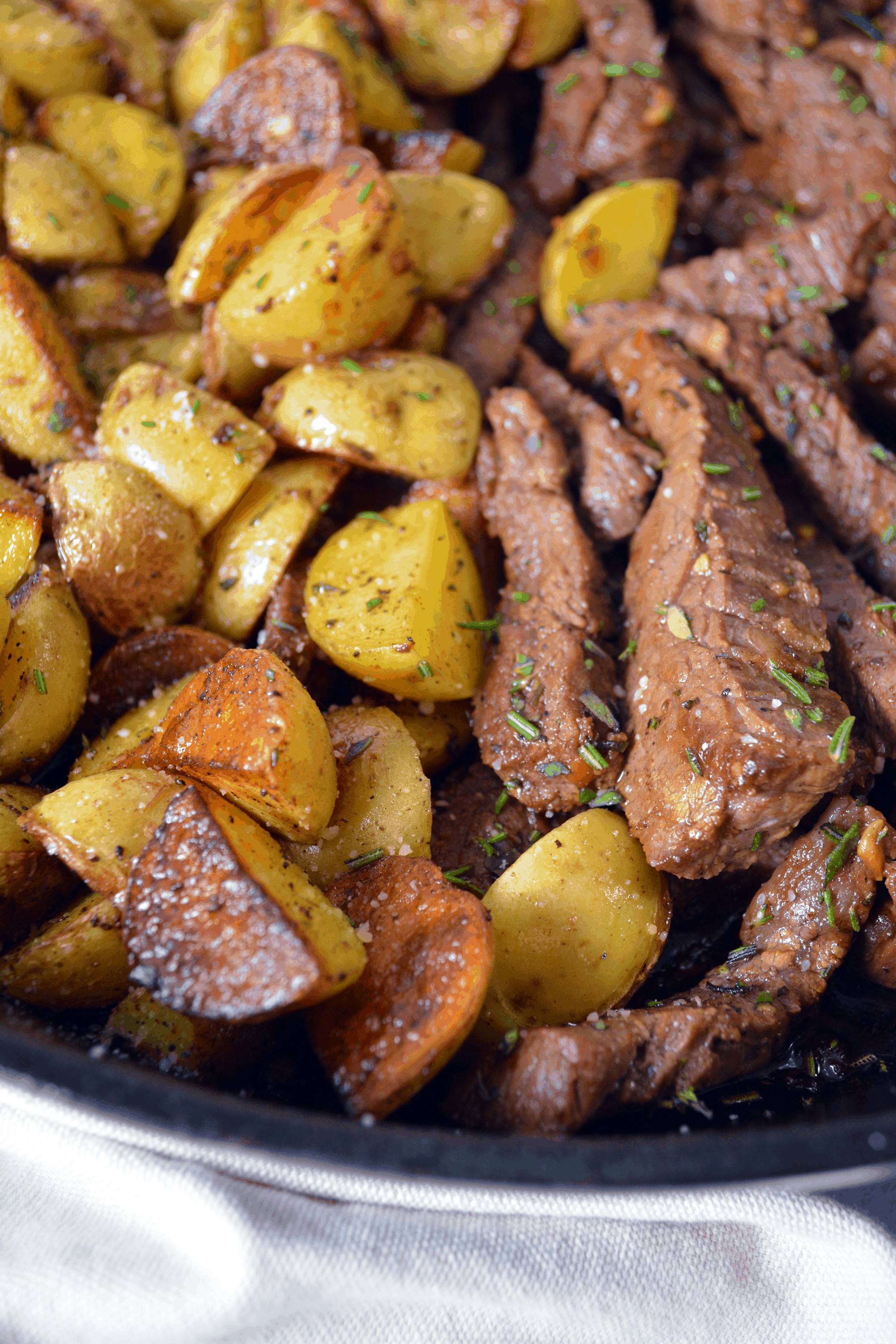 seared potatoes and steak