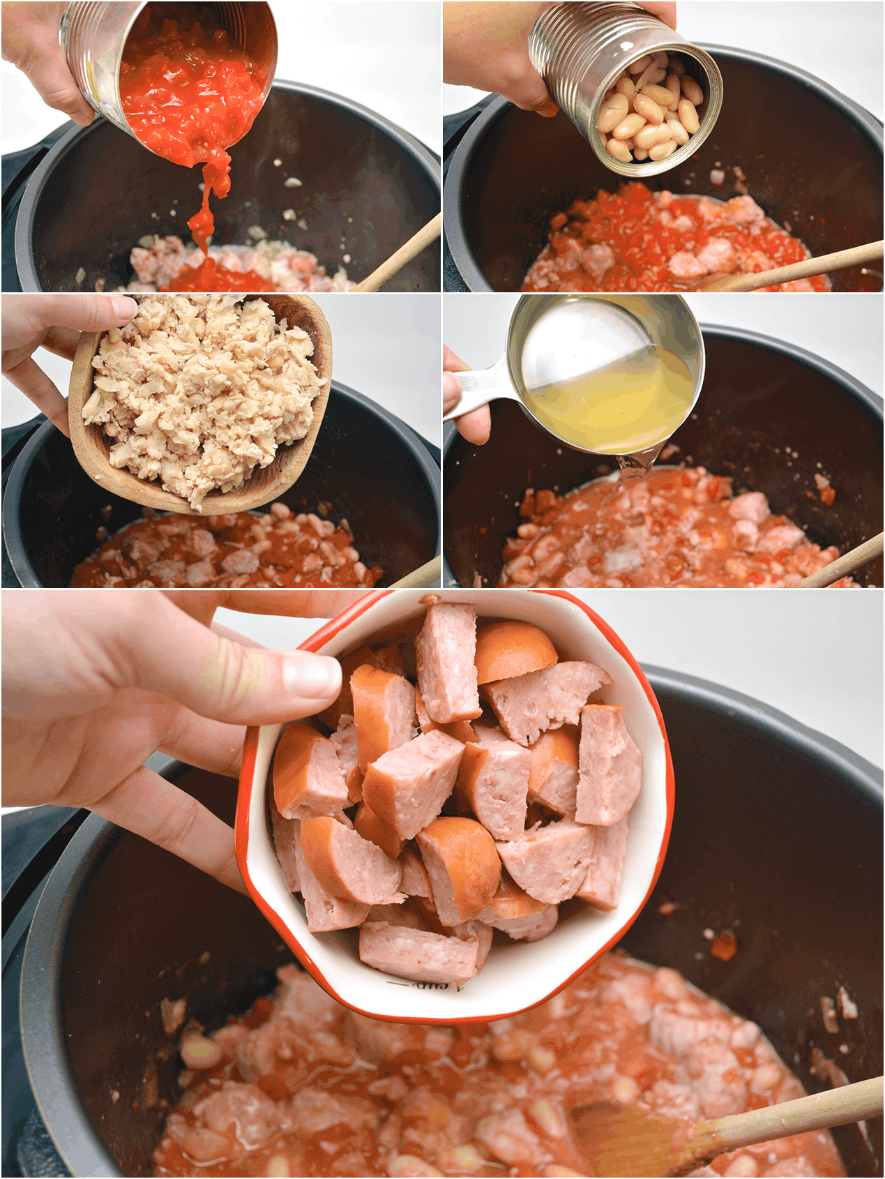 A collage image of the process of making the instant pot sausage and bean soup recipe