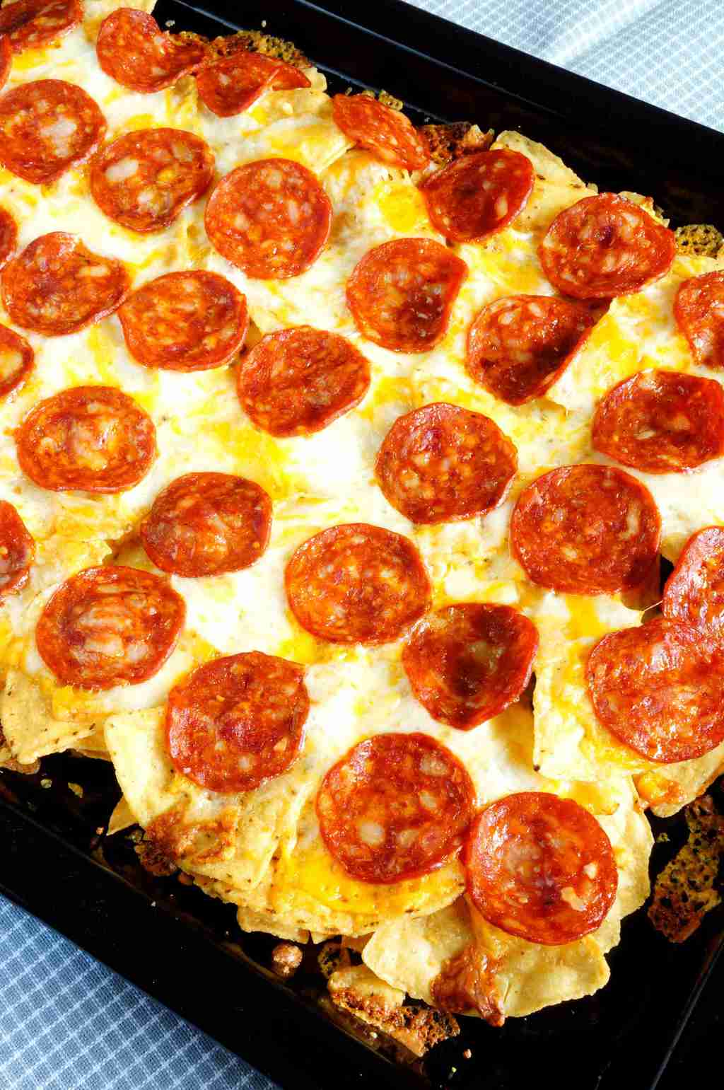Three Cheese Pizza Nachos with Pepperoni 