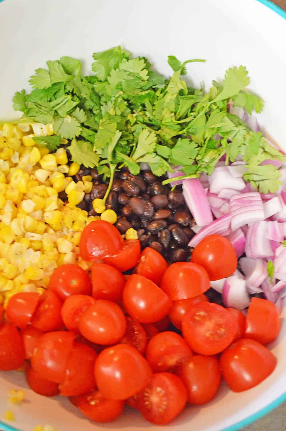 black bean and corn salad prepped in a bowl