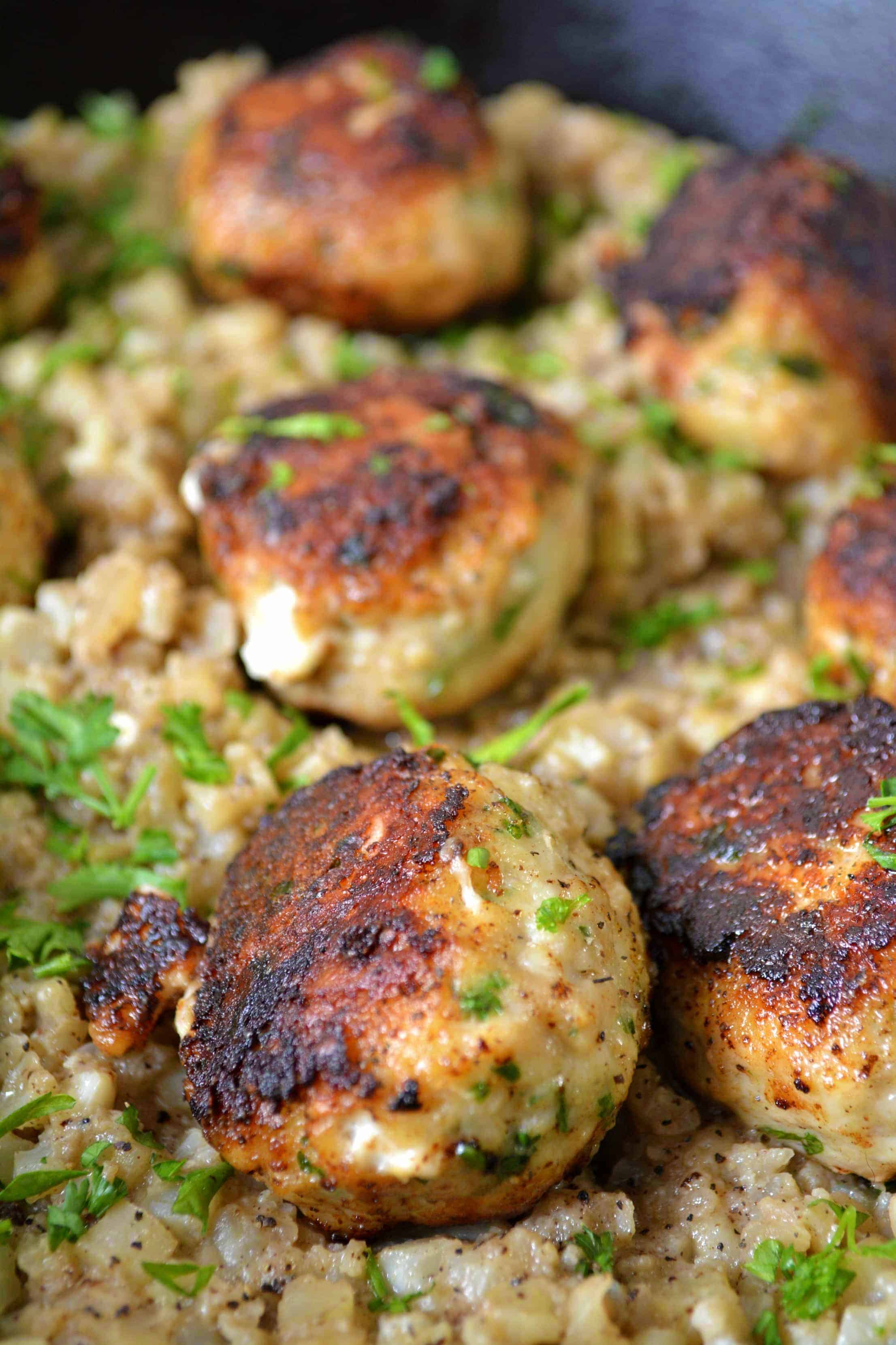 Cheesy Stuffed Turkey Meatballs with Cauliflower Rice