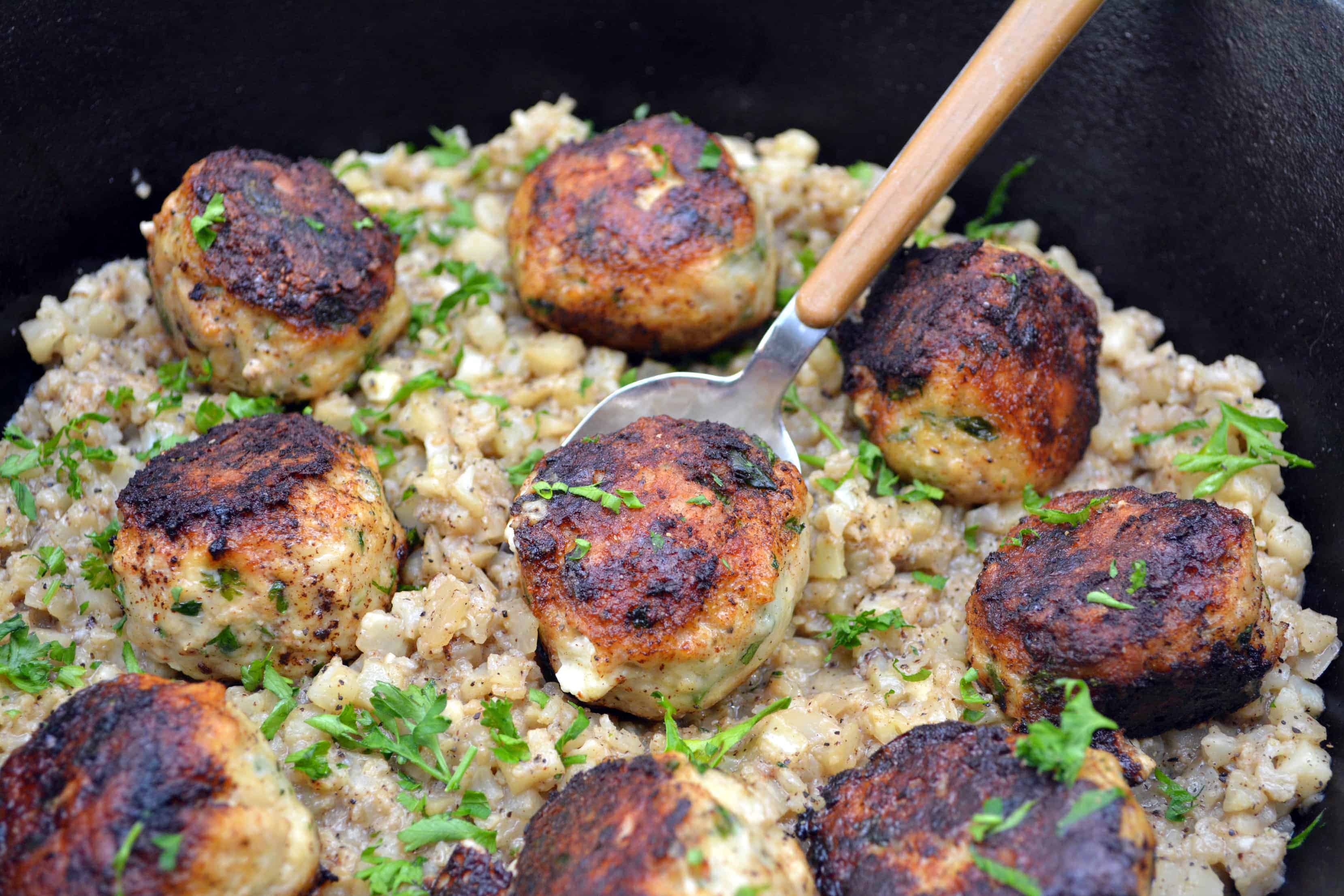 stuffed turkey meatballs in pan