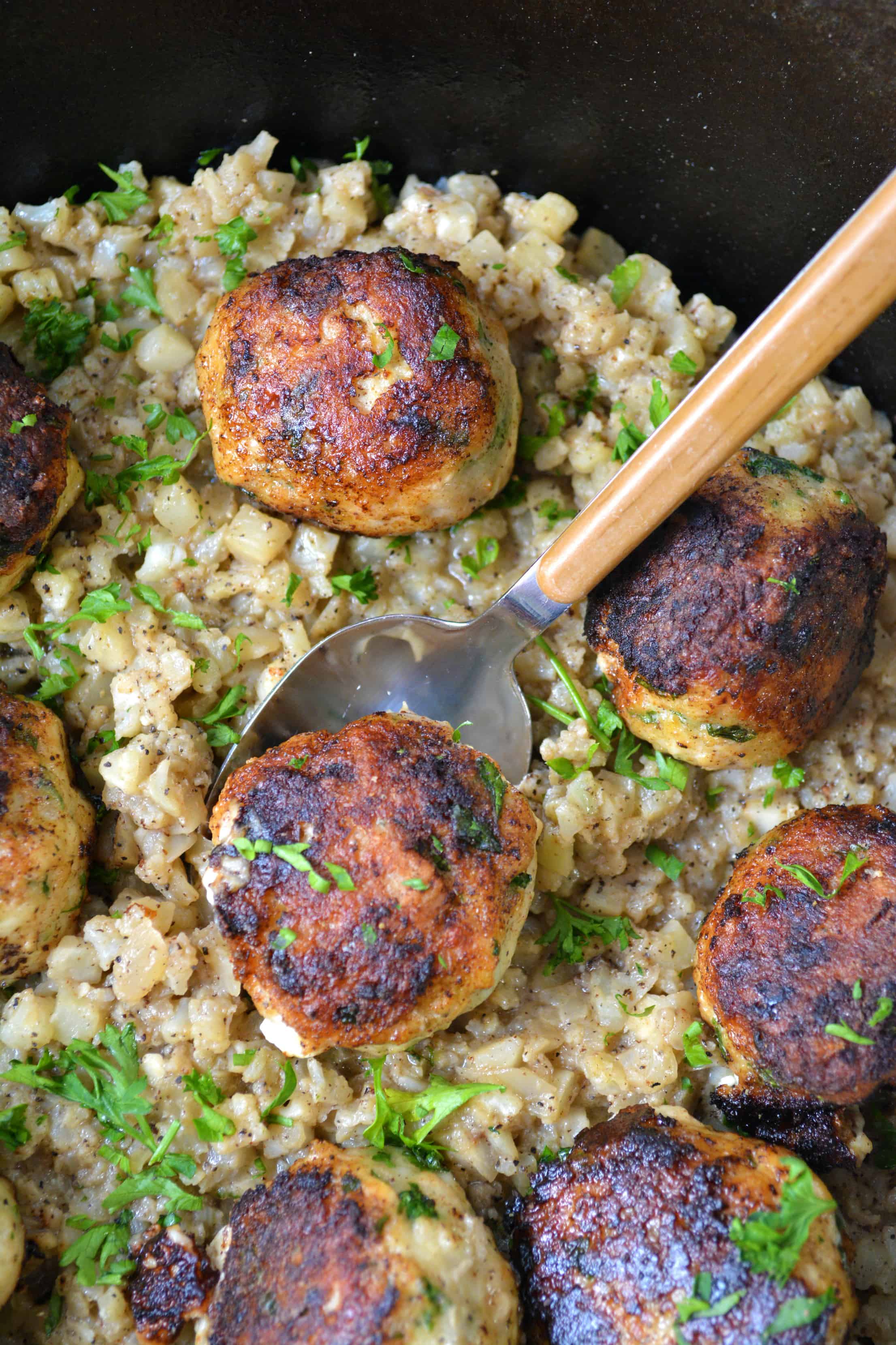 Cheesy Stuffed Turkey Meatballs with Cauliflower Rice 