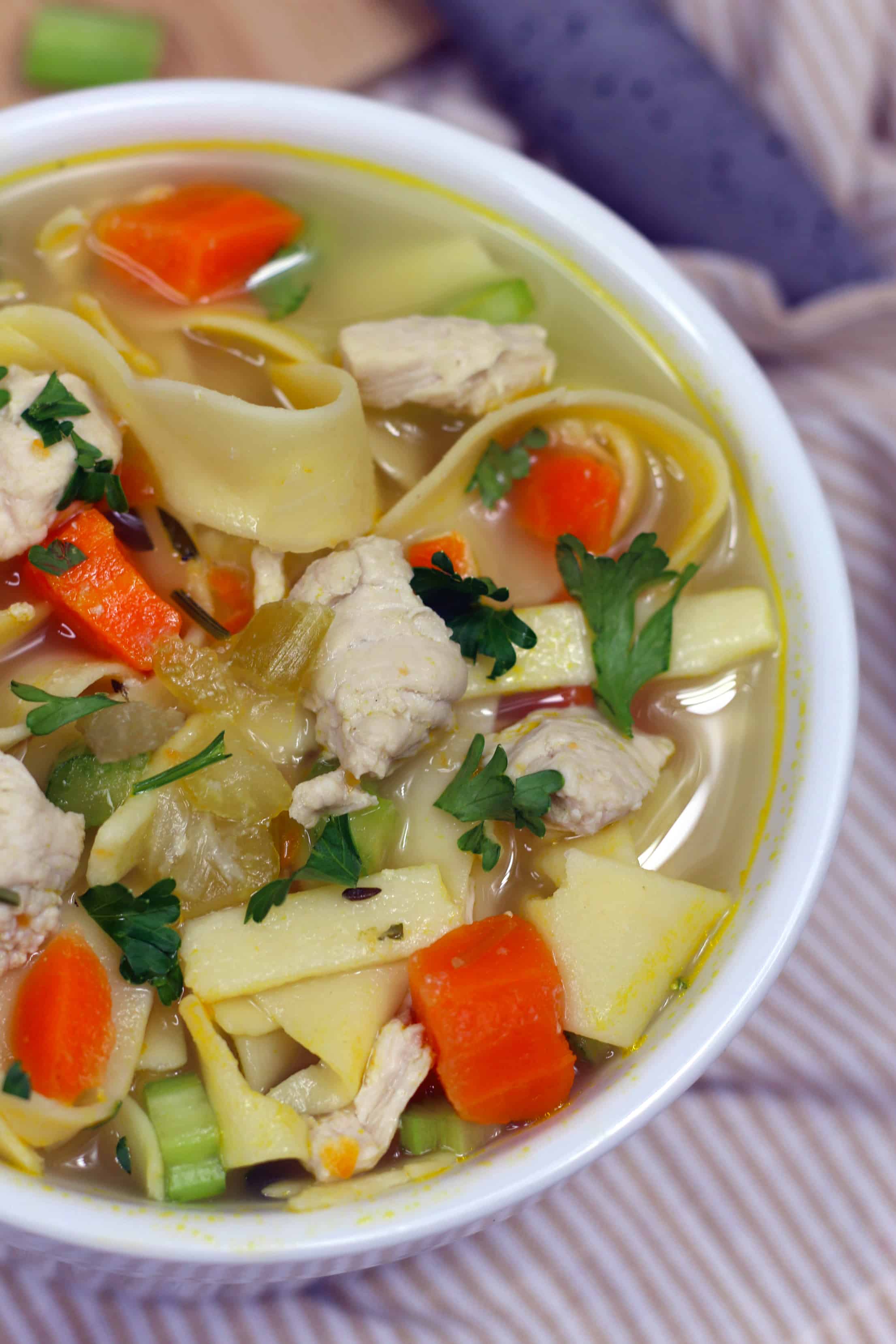 Sopa de pollo con fideos en olla instantánea