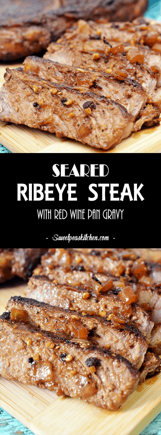 seared ribeye steak on cutting board