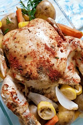 Crock Pot Whole Roasted Chicken in pan