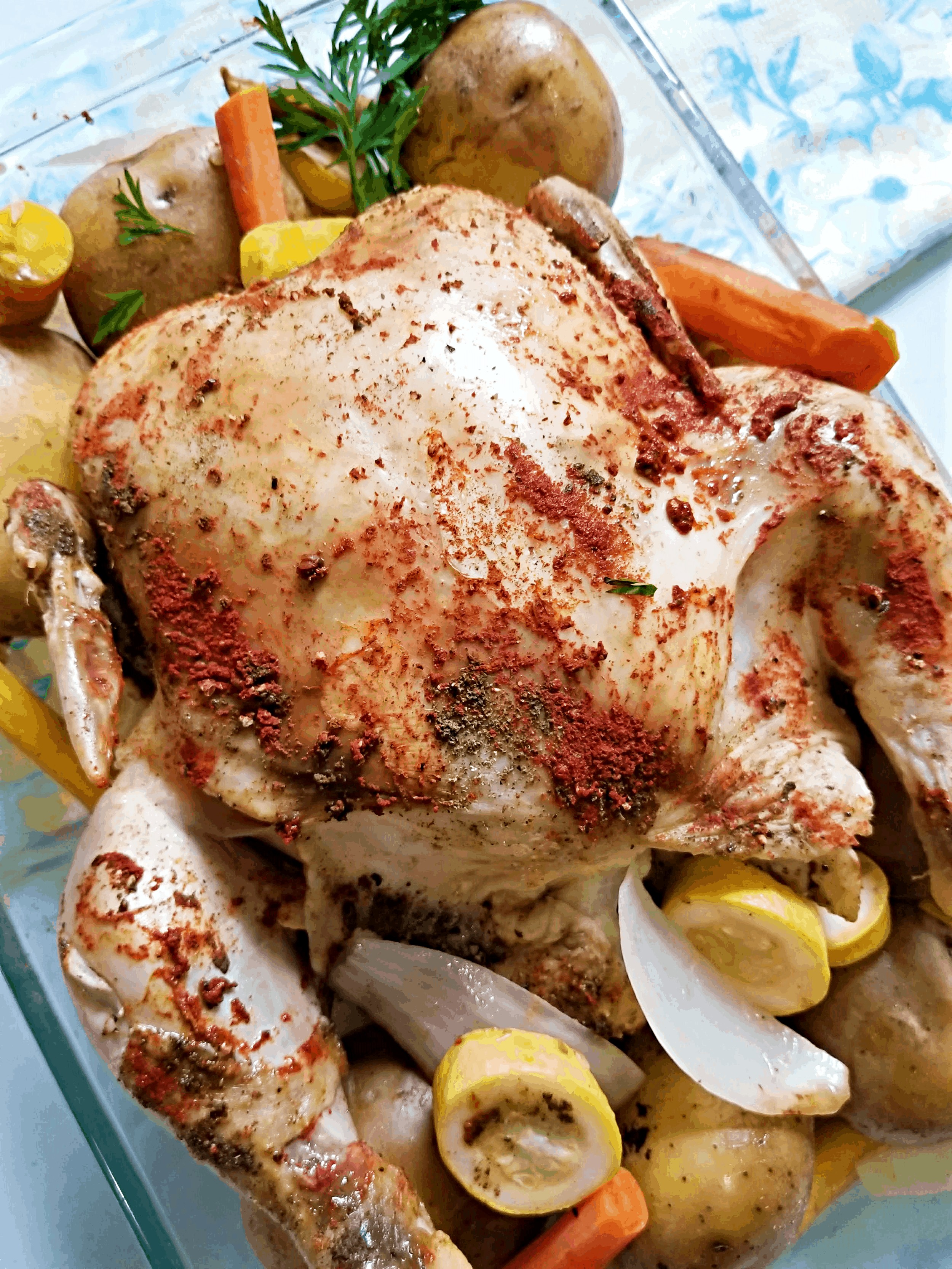 Crock Pot Whole Roasted Chicken in pan
