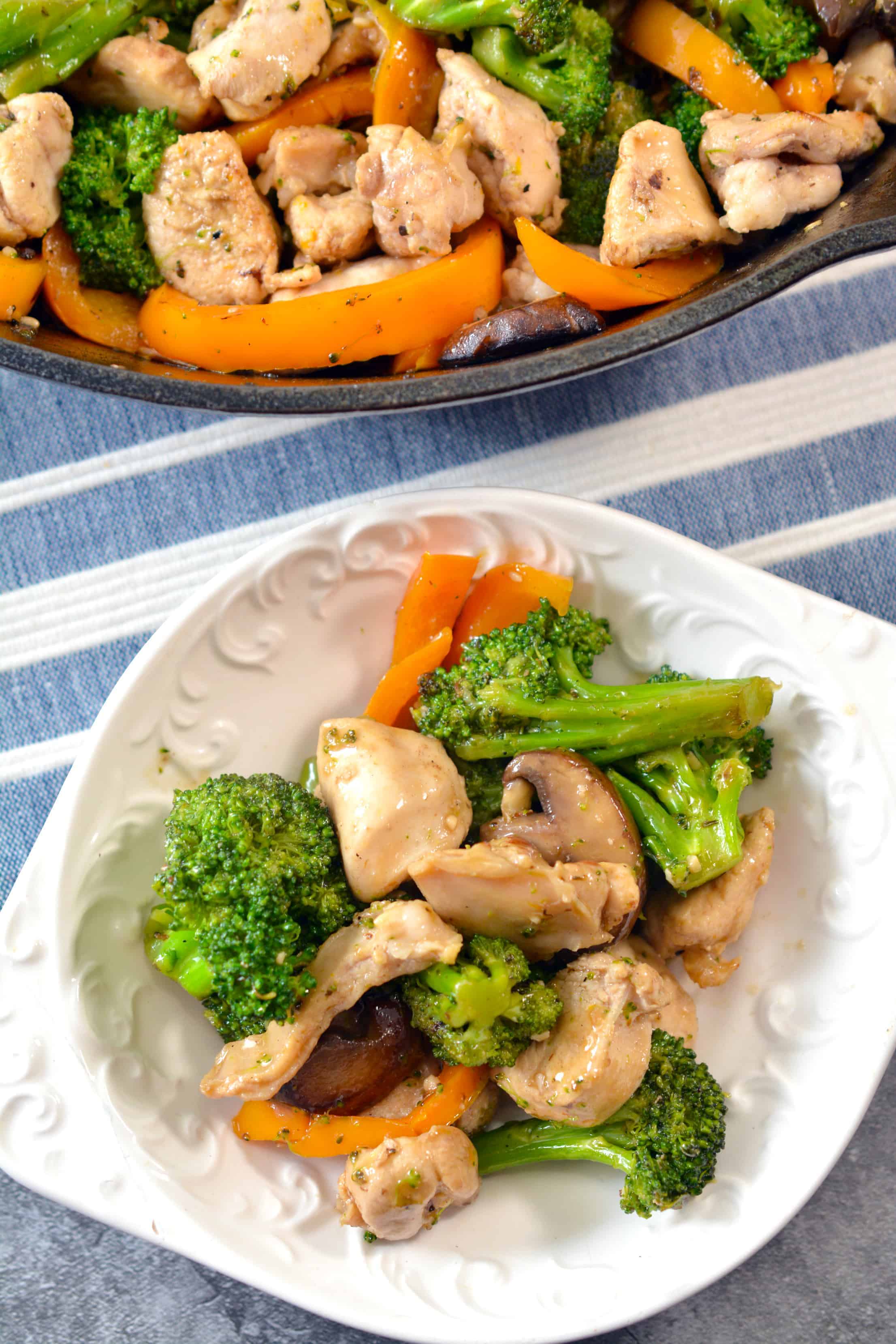 chicken and broccoli stir fry on a plate