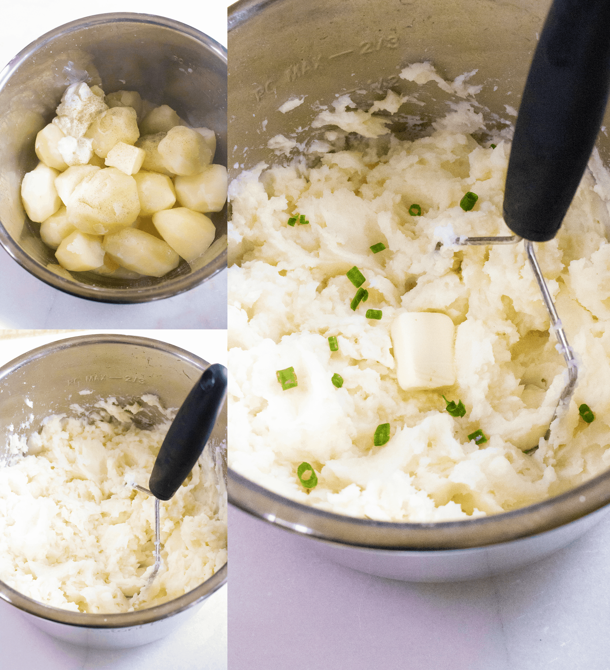 in process of making and mashing potatoes