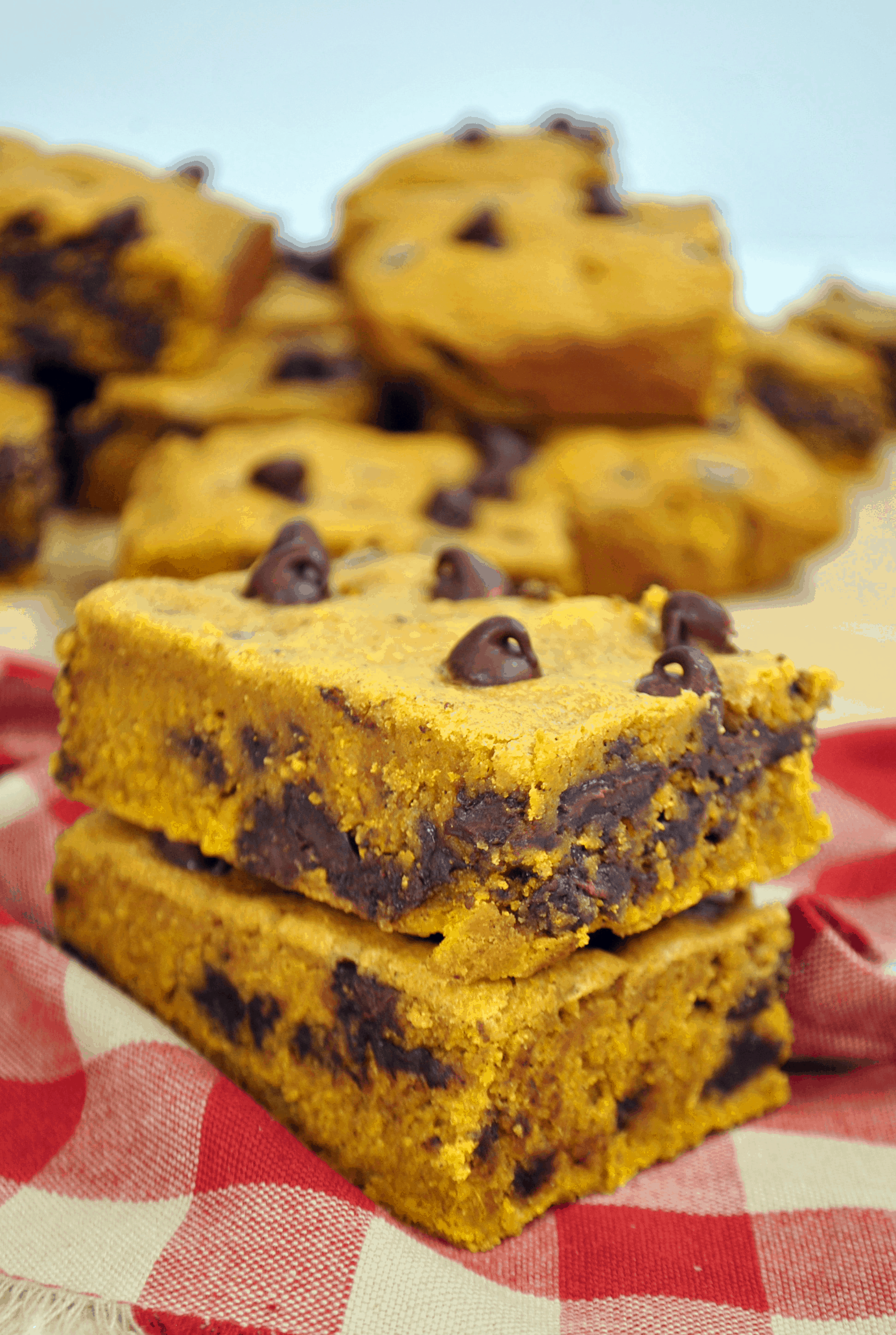 chocolate chip pumpkin bars on table