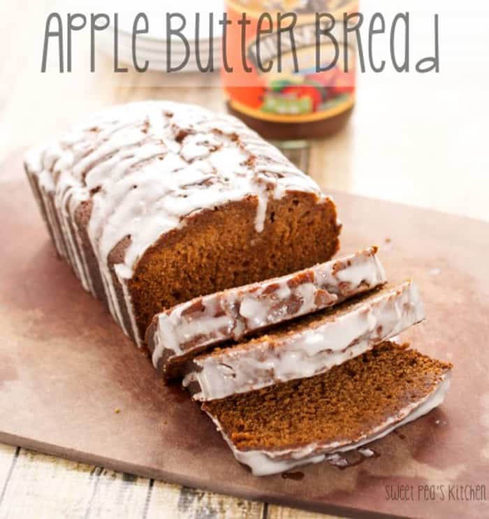 apple cinnamon bread sliced with white glaze