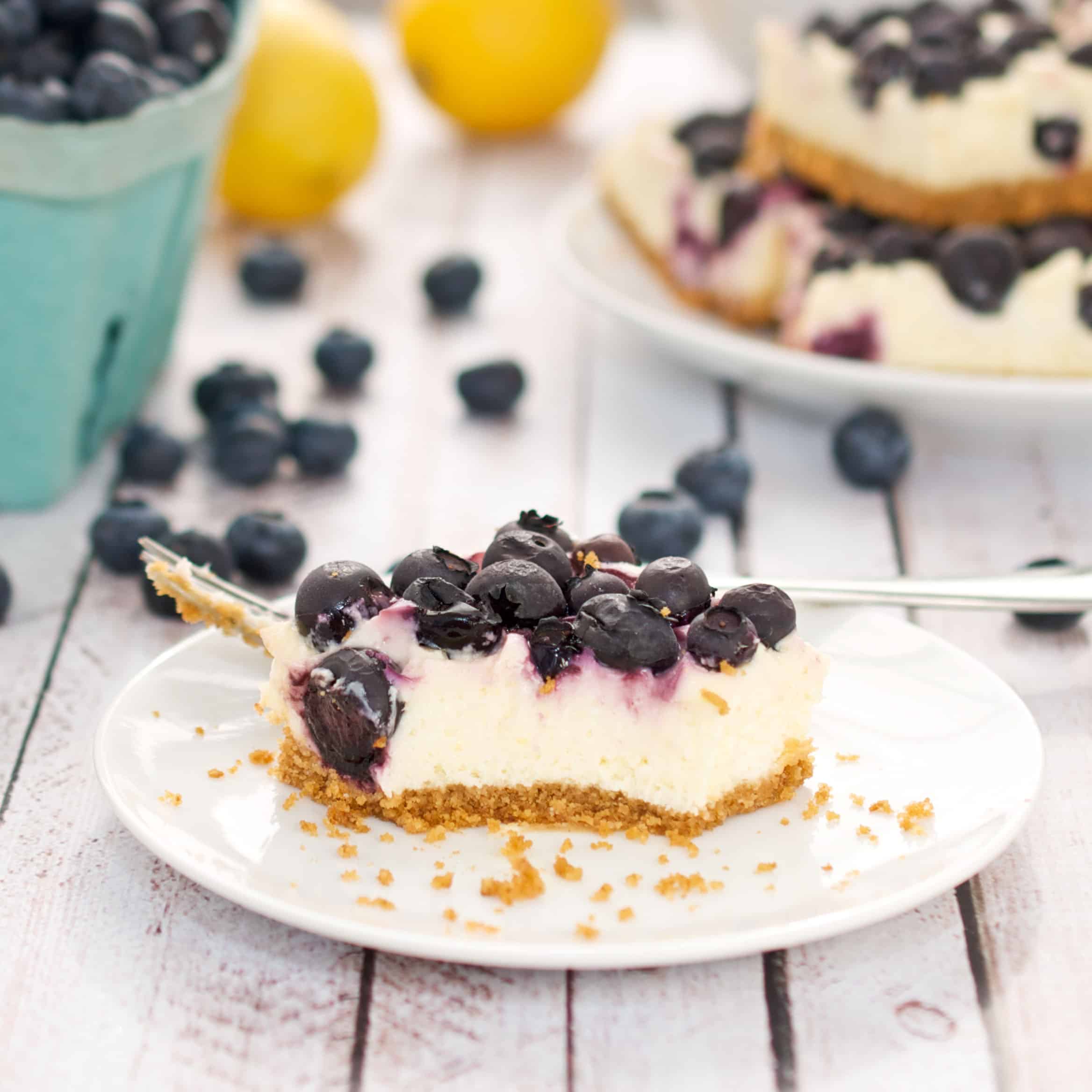 lemon cheesecake bars with bluberries on a white plate
