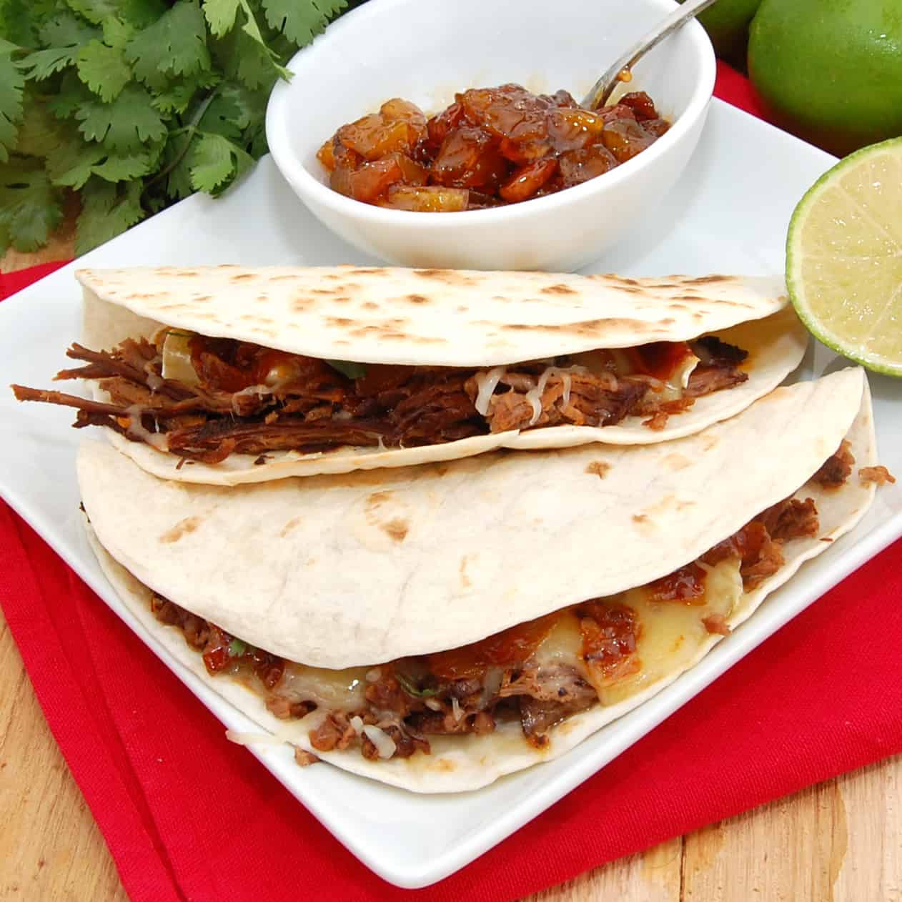 Brisket Quesadillas with Mango Barbecue Sauce