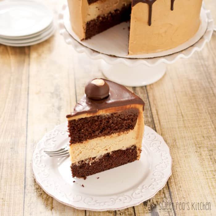 single slice of chocolate layer cake with buckeye on top sitting on a small white dessert plate