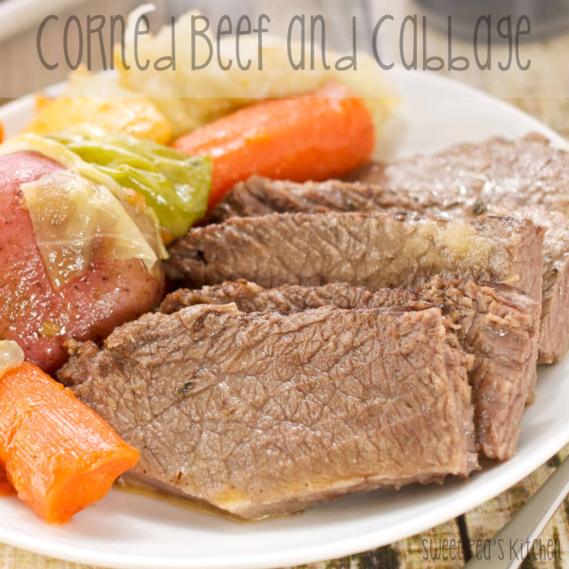 easy corned beef and cabbage on a white plate. 