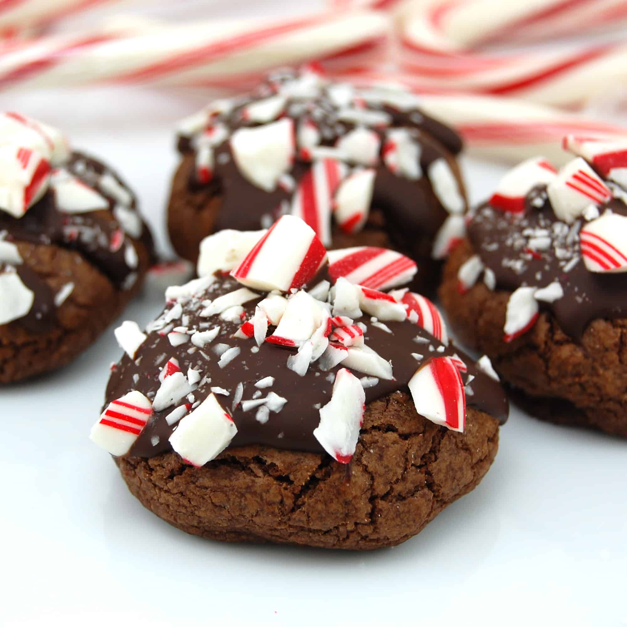 Double Chocolate Peppermint Cookies on a white surface