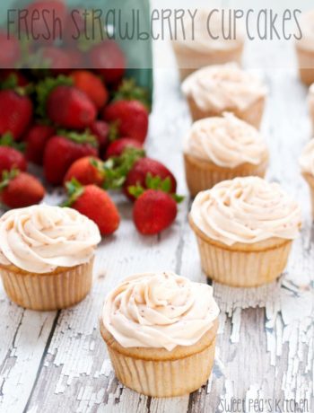 Overhead picture of fresh strawberry cupcakes with strawberry frosting on top