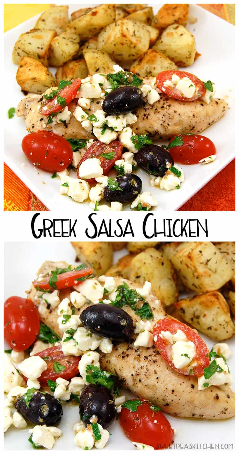 collage of Greek Chicken with feta and tomatoes