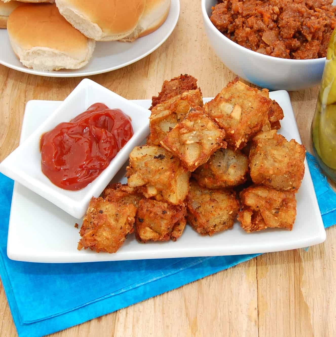 stack of potato tots and sauce