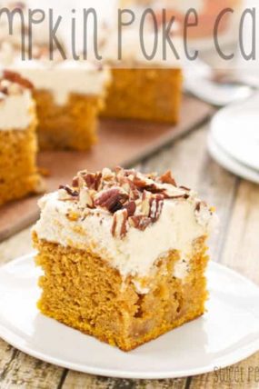 Up close image of pumpkin poke cake with a bite taken from it