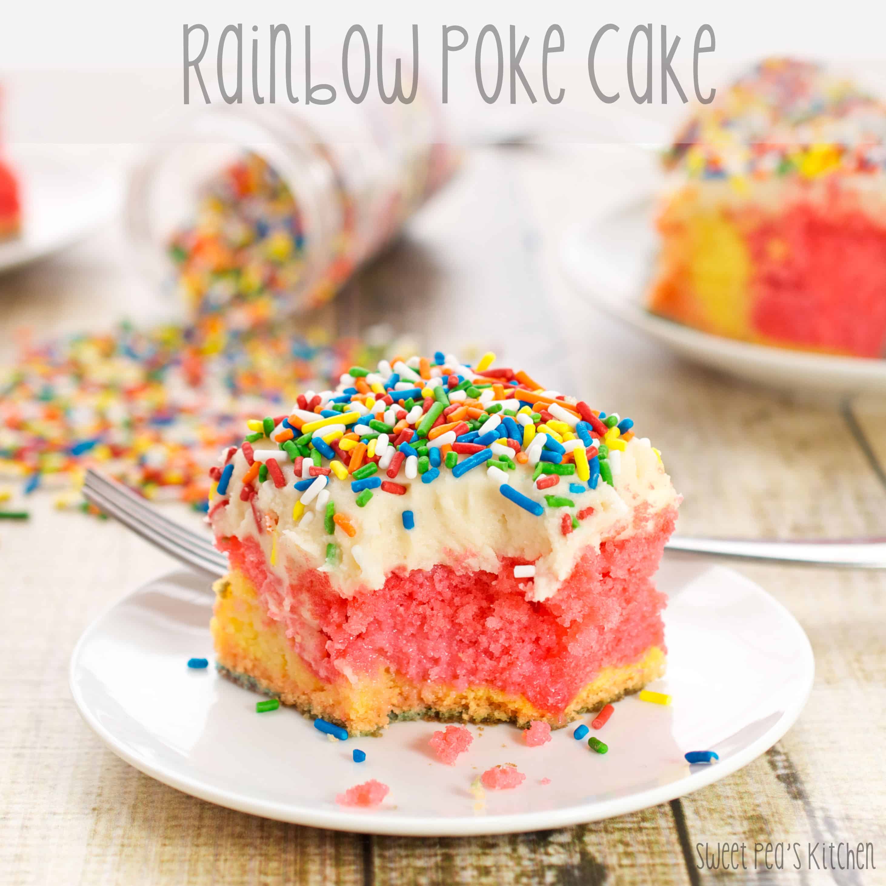 rainbow poke cake with bite out of it