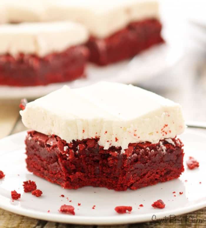 red velvet brownie with a bite taken out