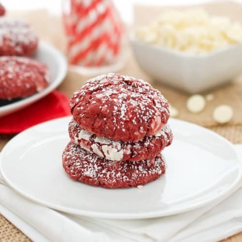 Stack of red velvet cake mix cookies on plate