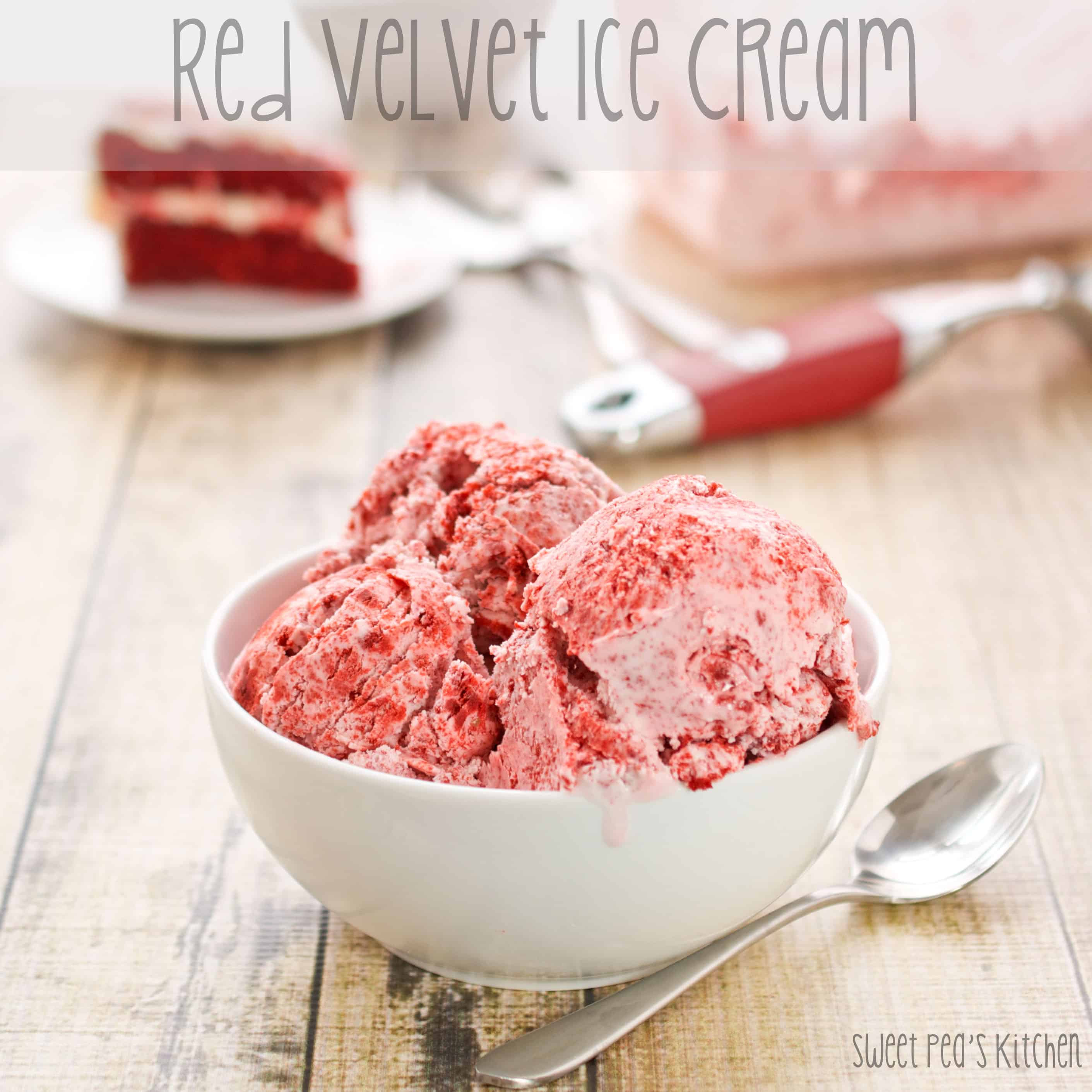 Side picture of red velvet ice cream with utensils in background