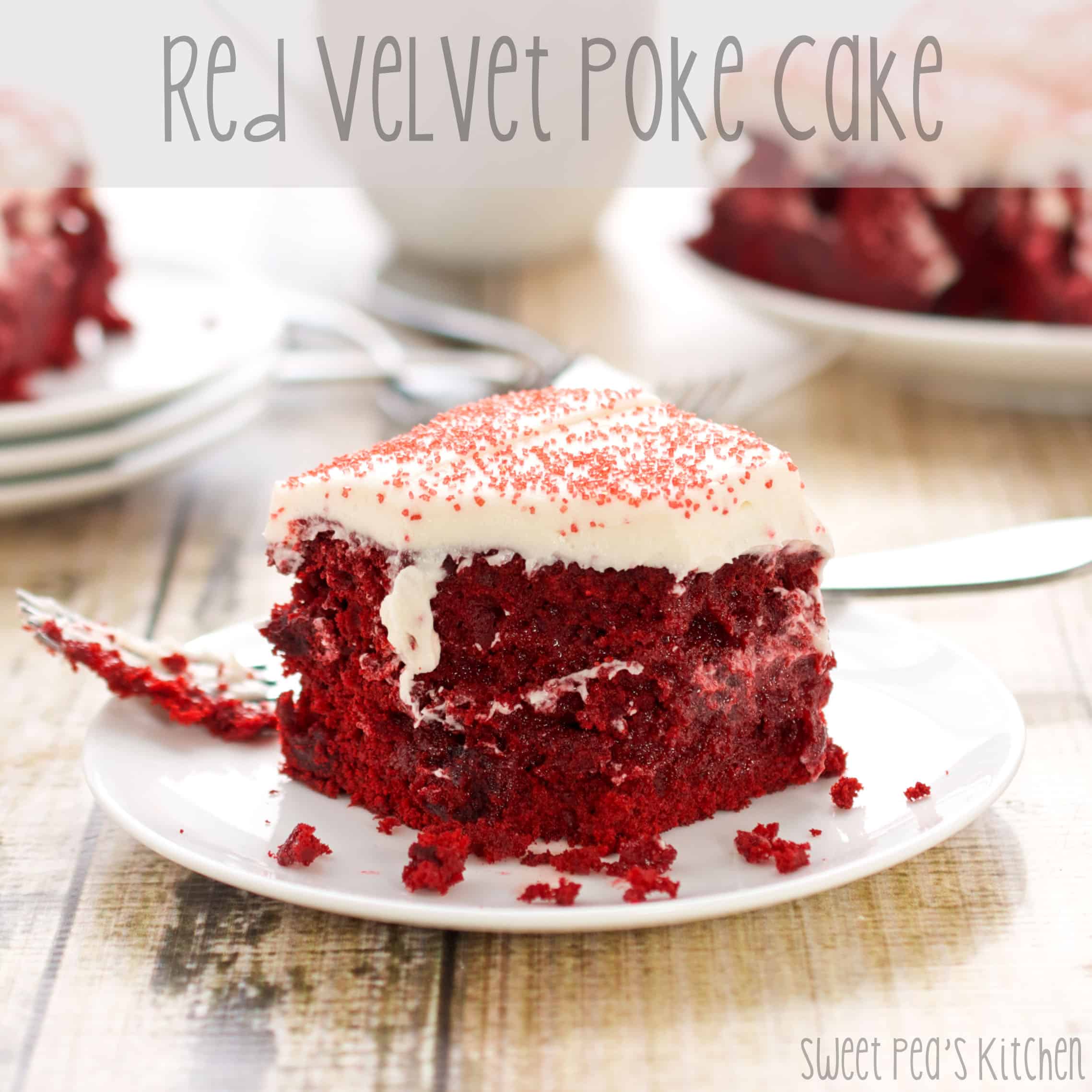 several pieces of red velvet poke cake on plates