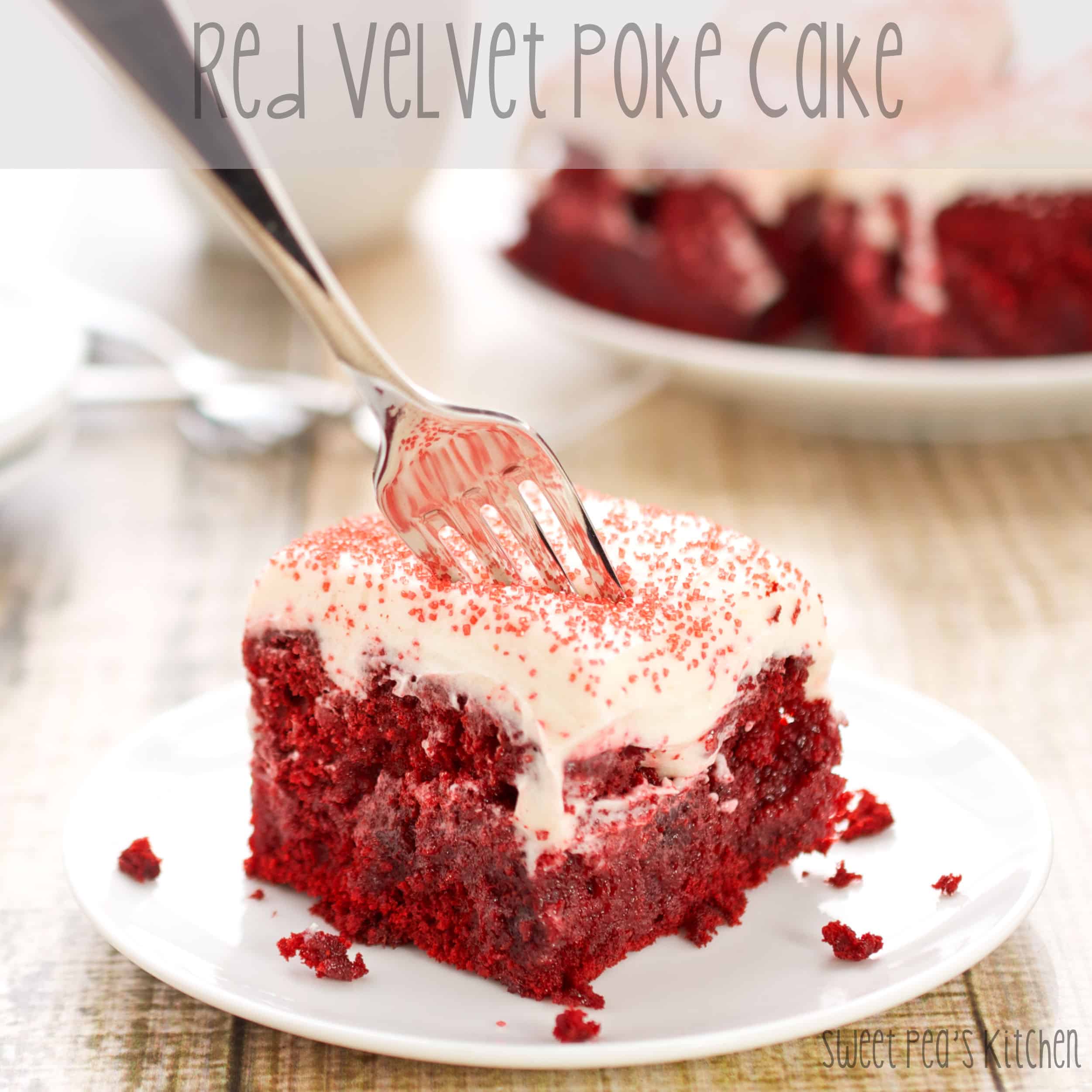 easy poke cake with fork in it on plate