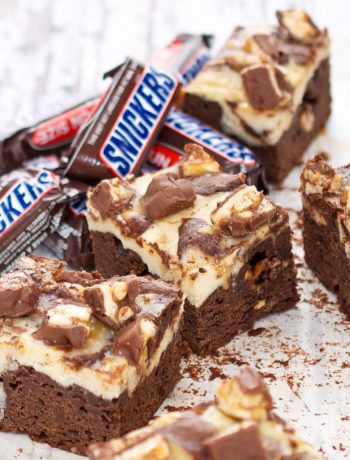 cheesecake swirl brownies with snickers bars