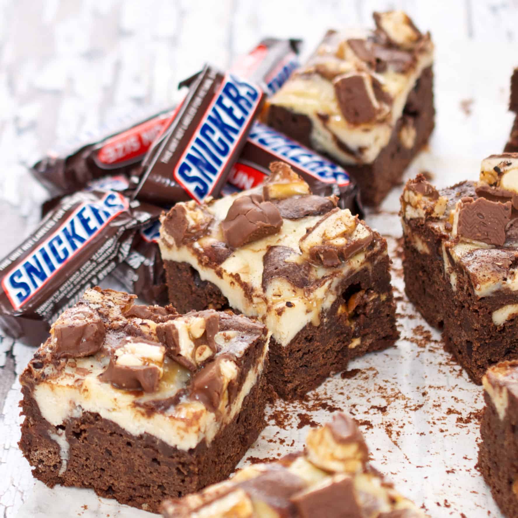 cheesecake swirl brownies with snickers bars