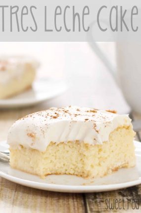 best tres leches cake on plate with bite out of it