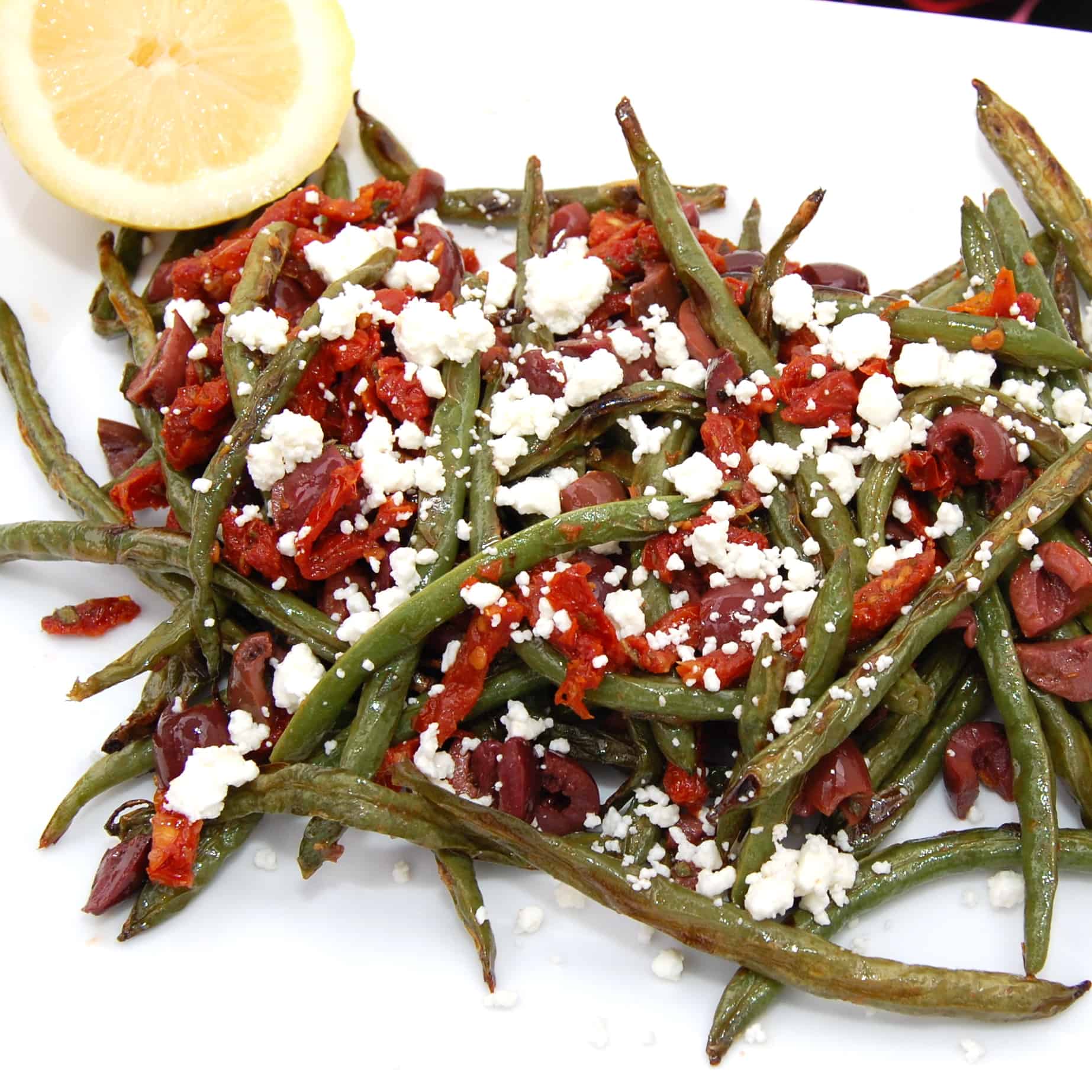 Roasted Green Beans with Olives, Sundried Tomatoes and Goat Cheese
