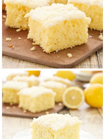 Longer pinterest style collage picture of lemon cake recipe with fresh lemons in the background