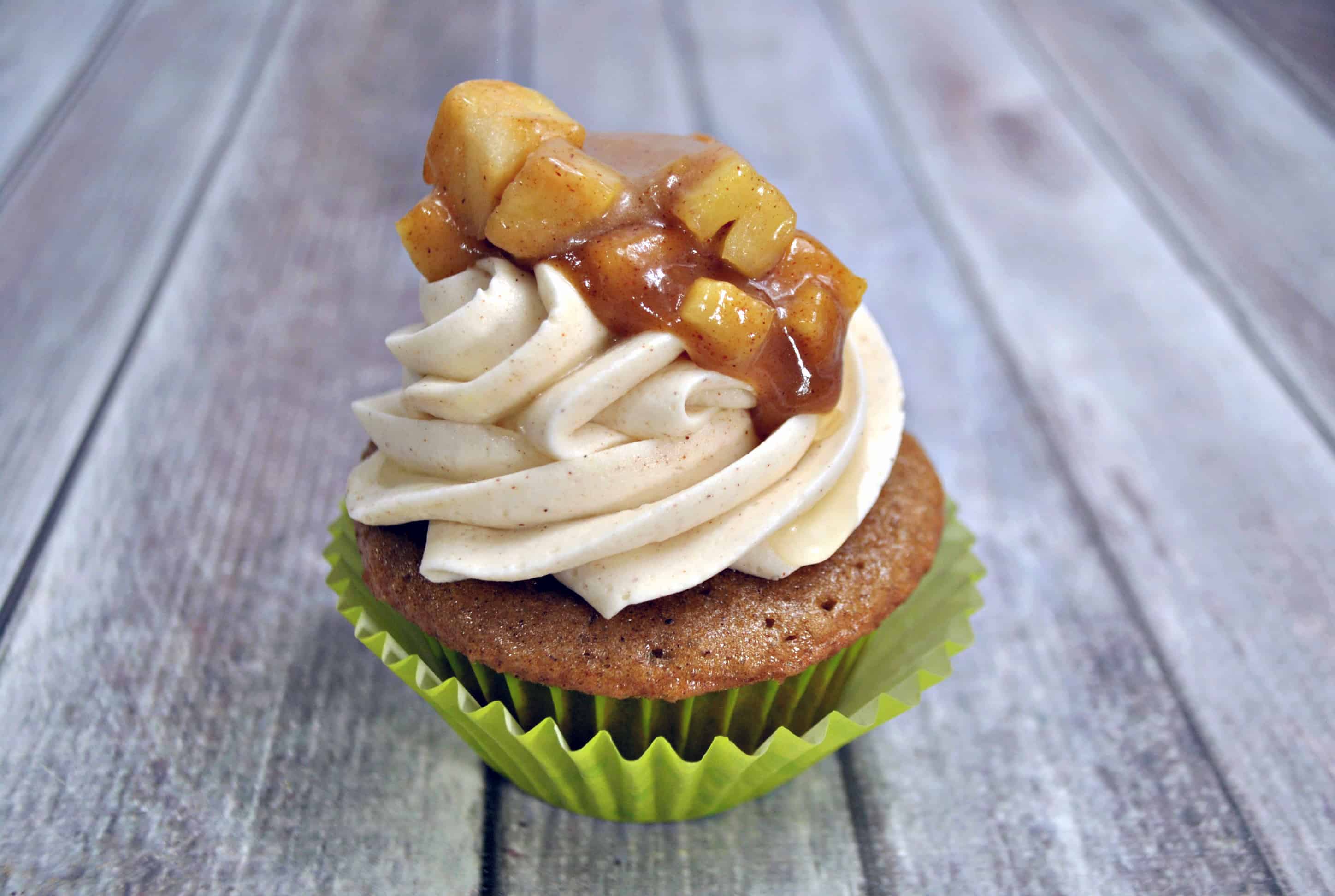 apple cupcake with apple pie filling on top
