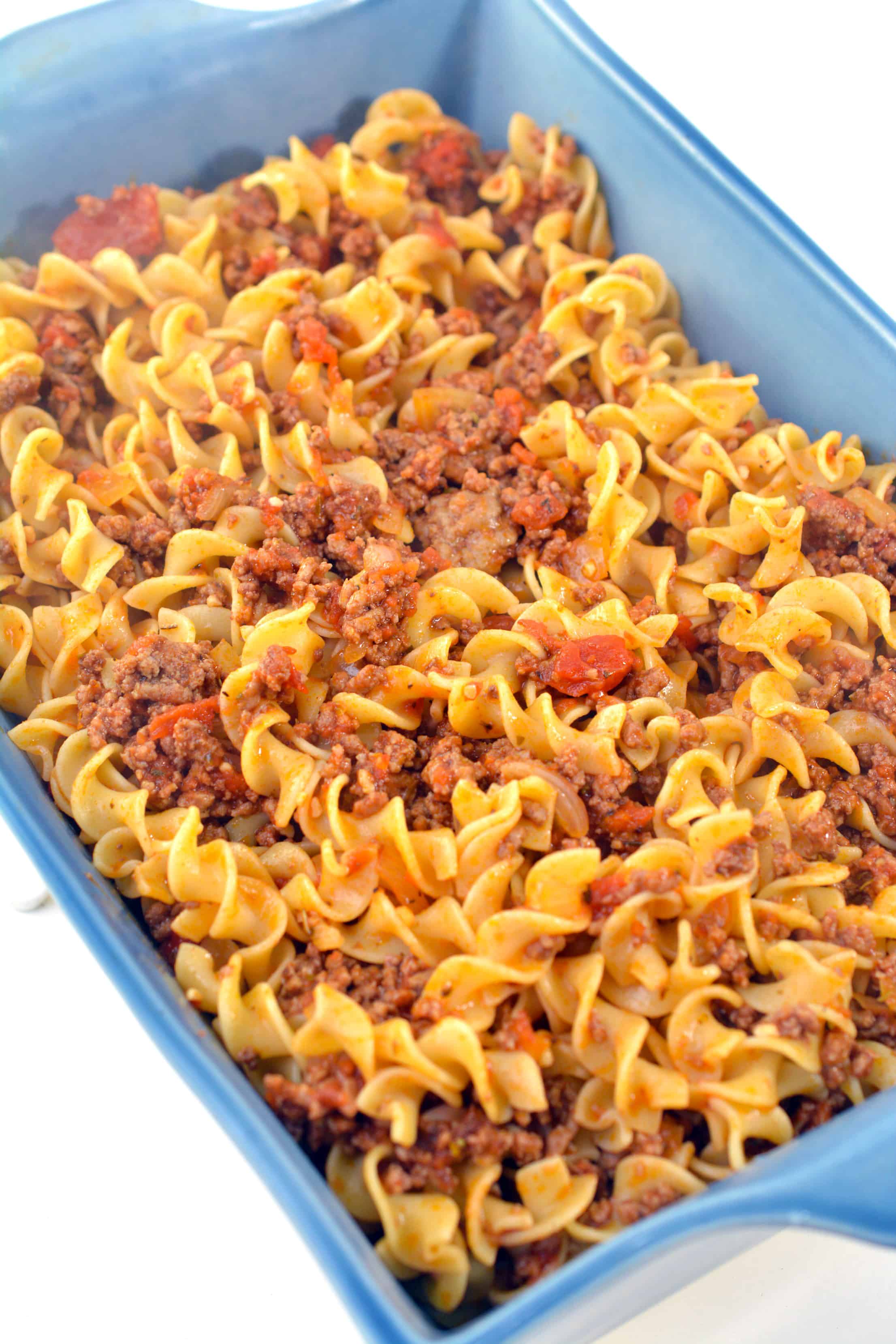 noodles and beef in casserole dish