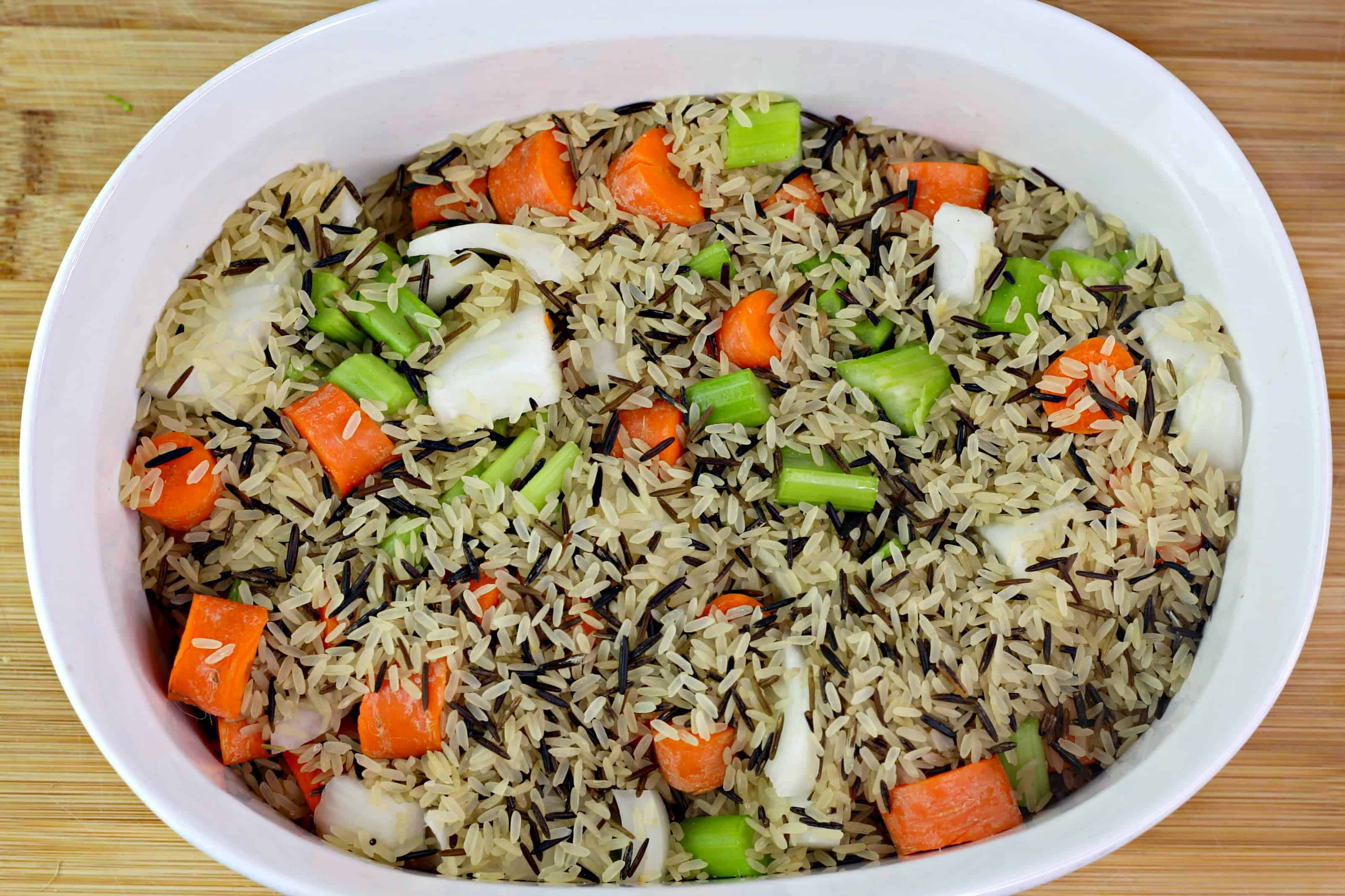 wild rice and veggies in a casserole dish