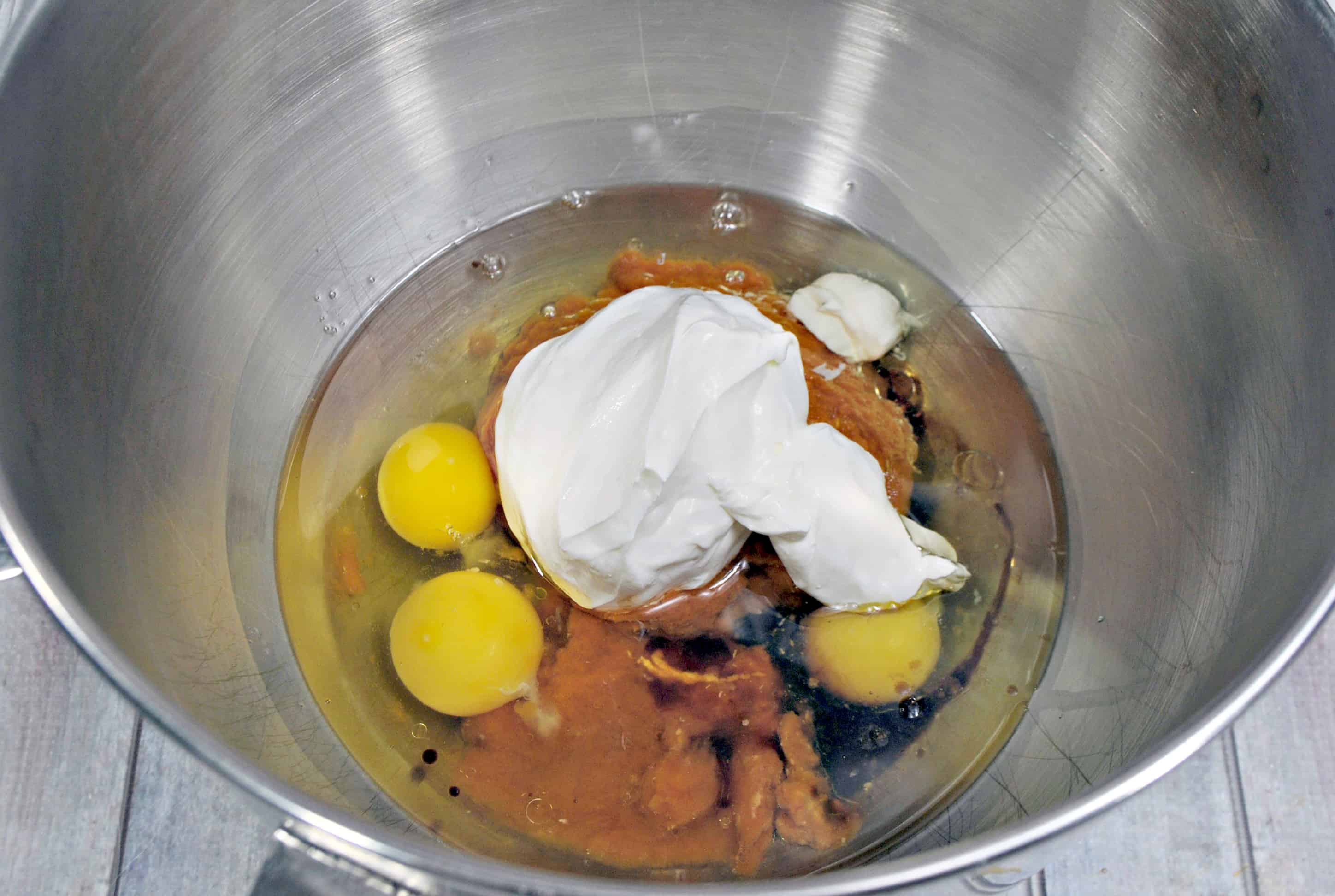 pumpkin coffee cake ingredients in a bowl